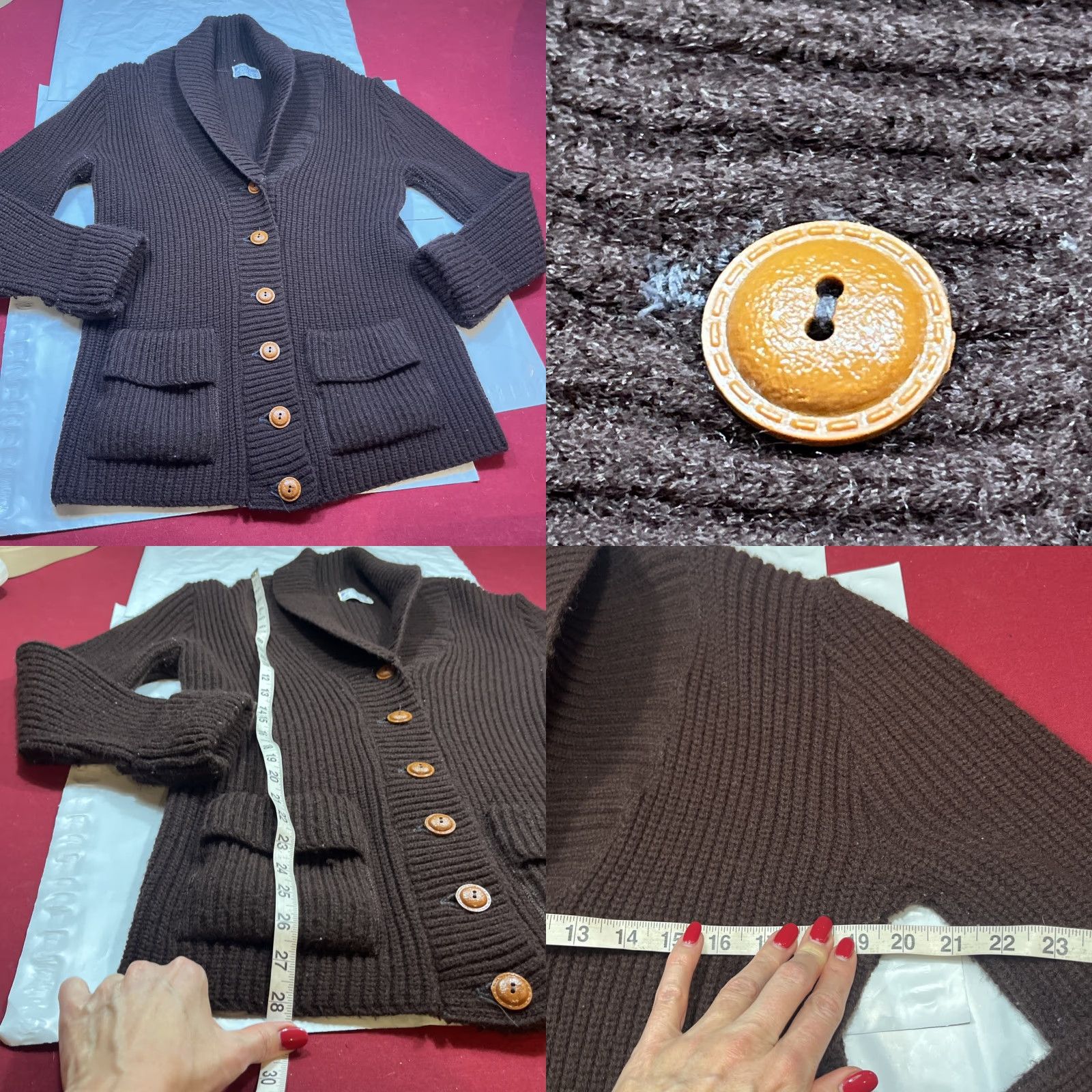 Vogue VINTAGE British Vogue Wintuk Cardigan Brown Chunky Knit - Button Front Pockets Cowl Neck L Womens Sweater Shirt (70’s) Size L / US 10 / IT 46 - 8 Thumbnail