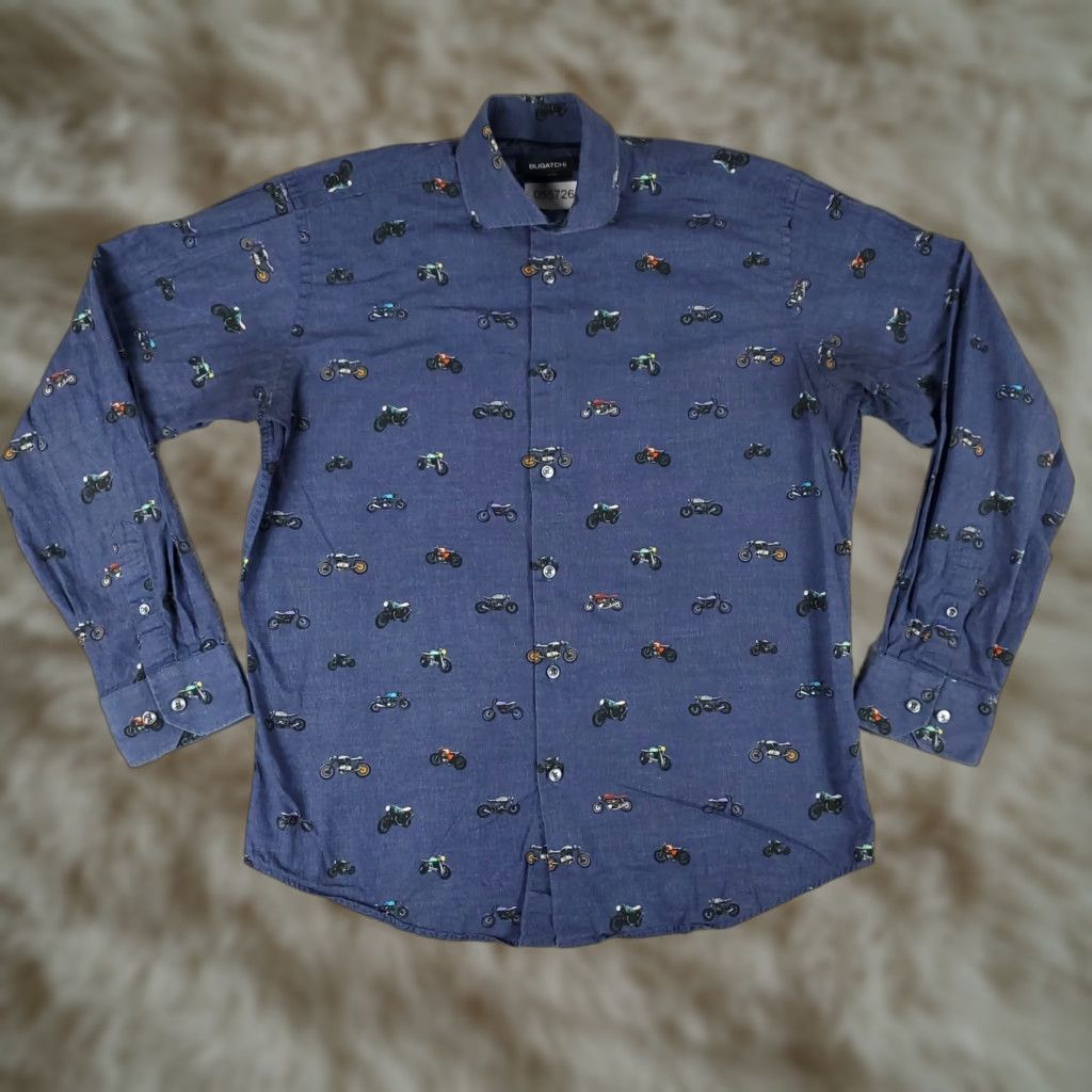 BUGATCHI VINTAGE Bugatchi Uomo Men's Shirt Medium Blue Motorcycle Print Geometric Long Sleeve Button-Up Classic Fit Casual Size US M / EU 48-50 / 2 - 1 Thumbnail