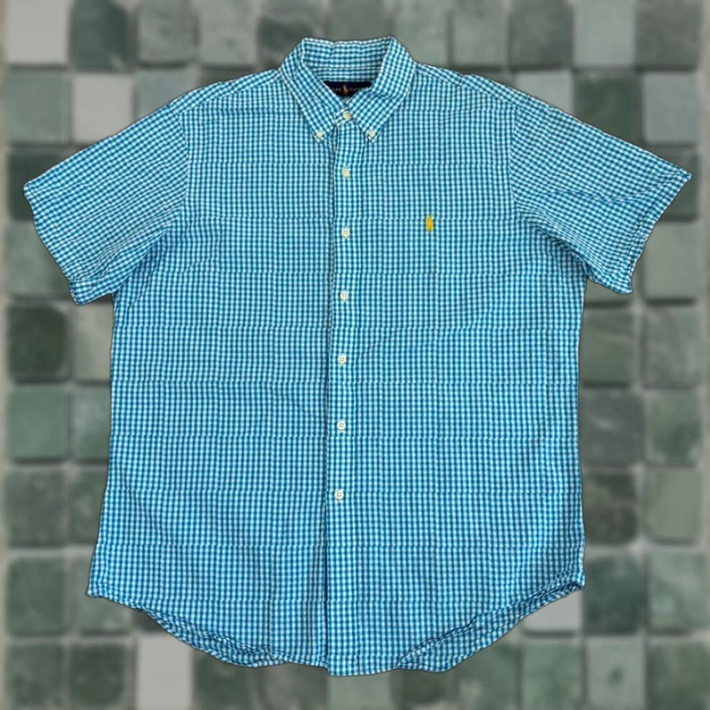 Polo Ralph Lauren Polo Ralph Lauren Seersucker Shirt Blue Gingham Check Men L Short Sleeve Button-Up Collared Yellow Pony Embroidered Pocket Casual Vintage: No Size US L / EU 52-54 / 3 - 1 Thumbnail