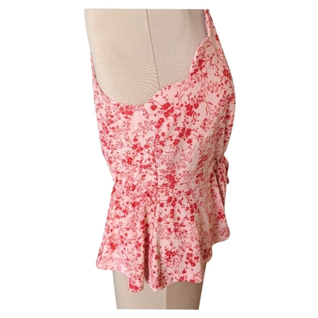 Vintage Meraki Halter Top Pink Floral Scalloped Peplum Tie Front Women L Reg. Casual, Party, Cocktail Dresses & Tops Women Size L / US 10 / IT 46 - 4 Thumbnail