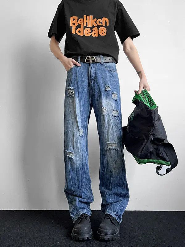 Japanese Brand Retro loose straight leg ripped jeans Size US 32 / EU 48 - 2 Thumbnail