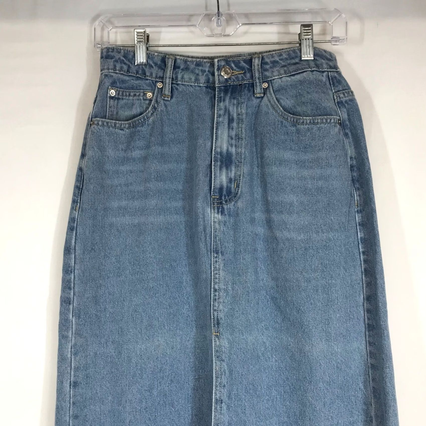 Shein SHEIN Denim Maxi Skirt Blue High Rise Straight Petite Small Wash Womens Skirt 90s Style Pockets Zip Front Button All Seasons Size 24" / US 00 / IT 34 - 2 Thumbnail