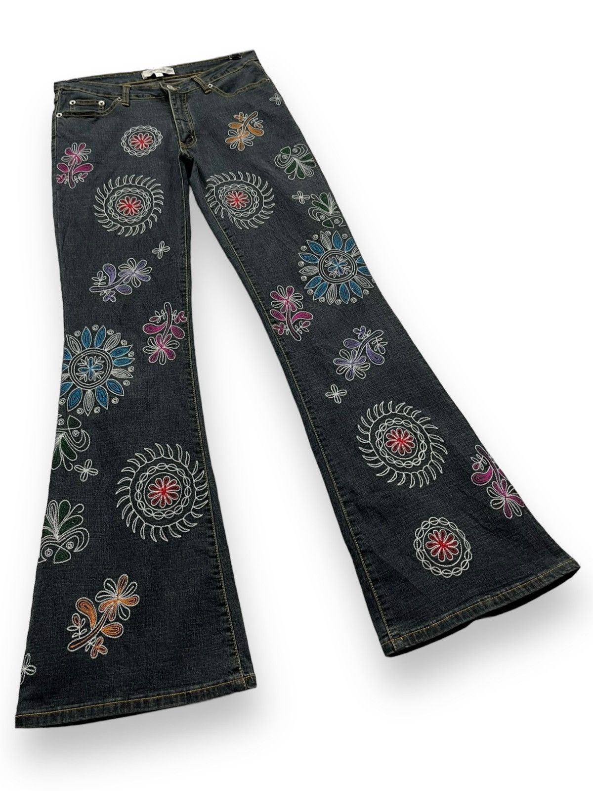 Colours × Japanese Brand 🌸Hippie EMBROIDERY Stretch Denim Flare Murakami Style Size US 28 / EU 44 - 2 Thumbnail