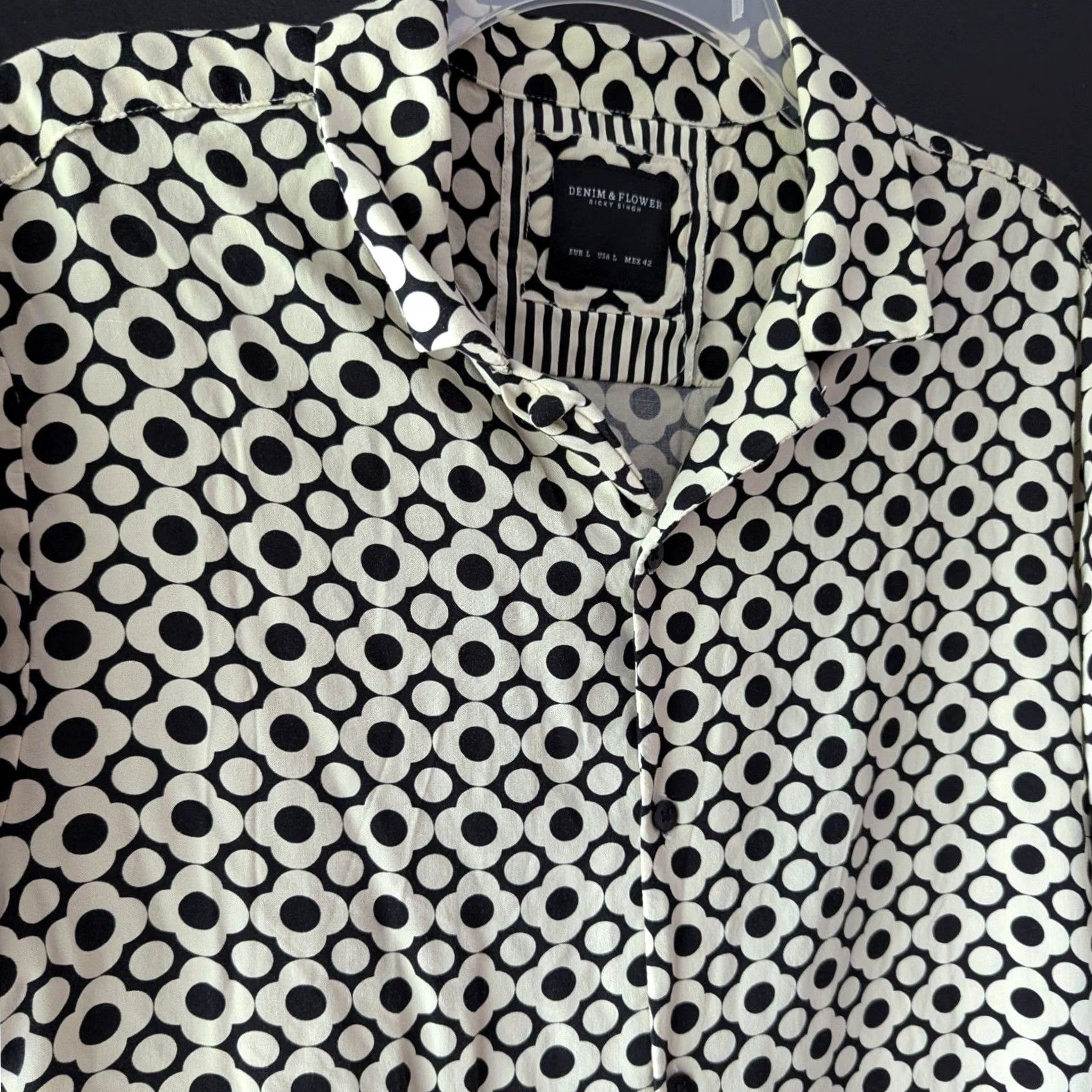 Denime Denim & Flower Mens Short Sleeve Shirt Black White Floral Geometric Retro Mod L Size US L / EU 52-54 / 3 - 2 Thumbnail