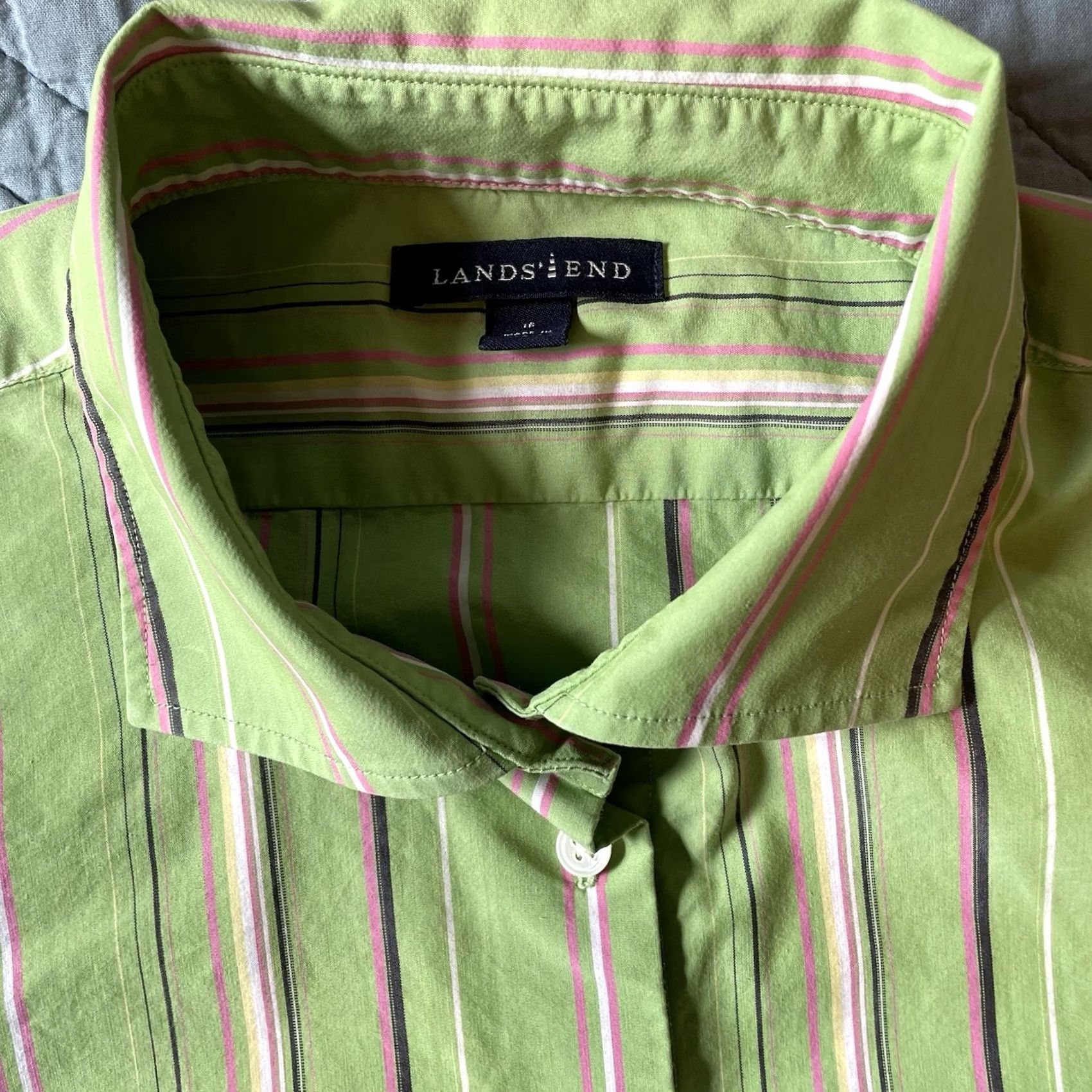 Lands' End Lands' End Women’s Blouse Sz 16 Green Stripe Classic Button Up Preppy Shirt Womens Long Sleeve Cotton Size XXL / US 16-18 / IT 52-54 - 7 Thumbnail