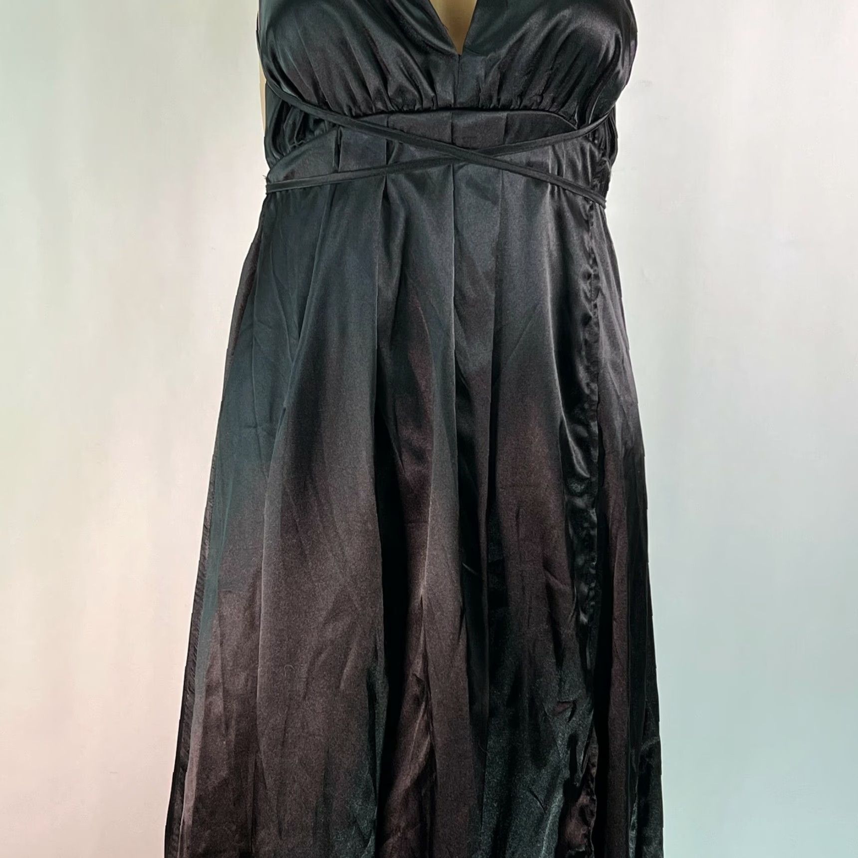 Shein Womens Shein Plunge Neck Crisscross Back Satin Black Dress XS Size Maxi Length 43 in Sleeve Halter Lace Accents Solid Color Designer Brand Shien Size XS / US 0-2 / IT 36-38 - 7 Thumbnail