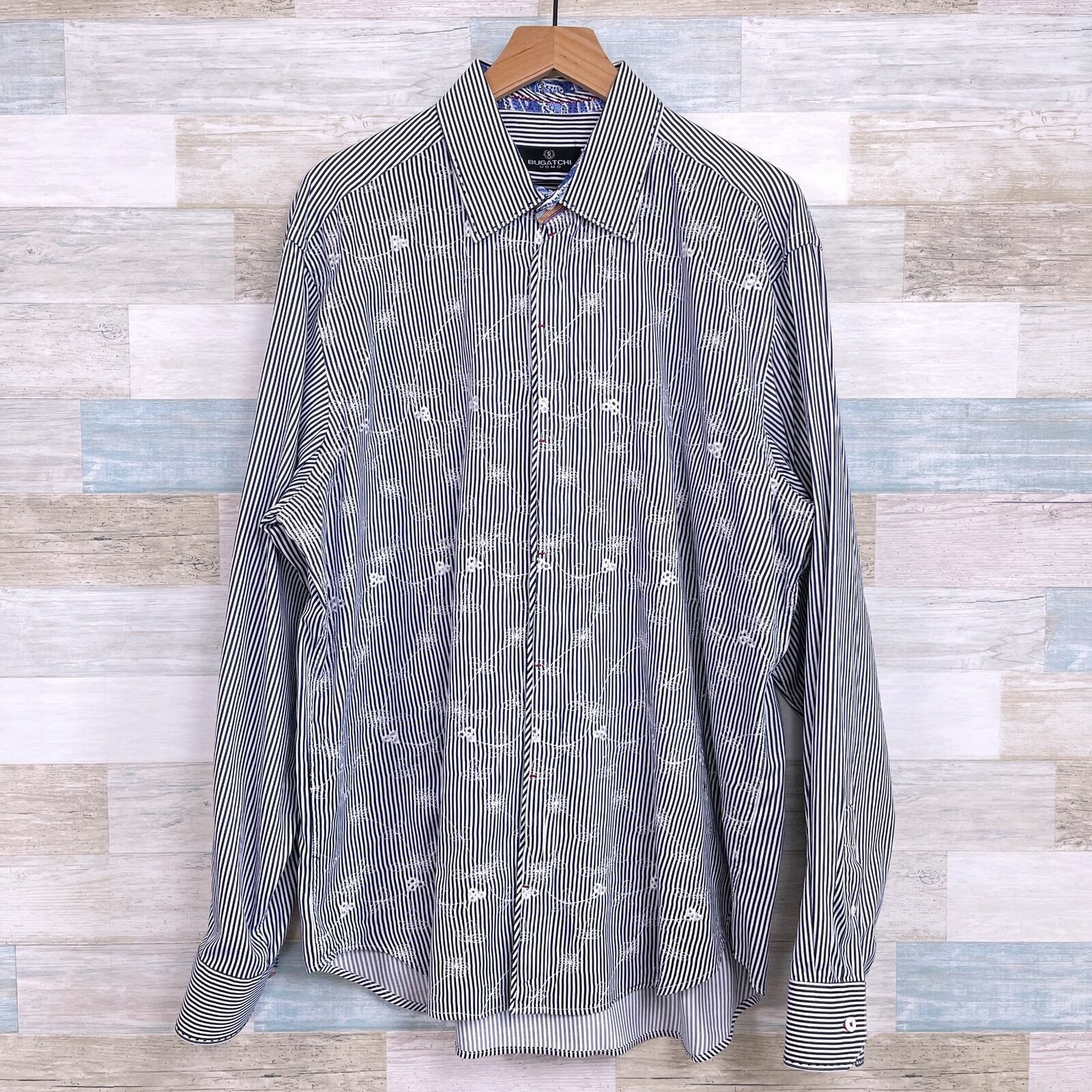 BUGATCHI Bugatchi Uomo Floral Embroidered Shirt Blue Striped Mens XL Size US XL / EU 56 / 4 - 1 Thumbnail