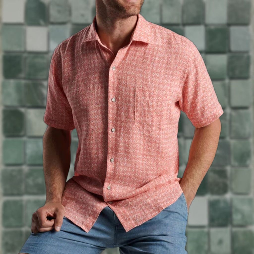 Peter Millar Peter Millar Shirt Men M Pink Linen Short Sleeve Rose NWT Geometric Classic Fit Button-Up 100% Linen Clay Rose Vintage No Mens Size US M / EU 48-50 / 2 - 1 Thumbnail
