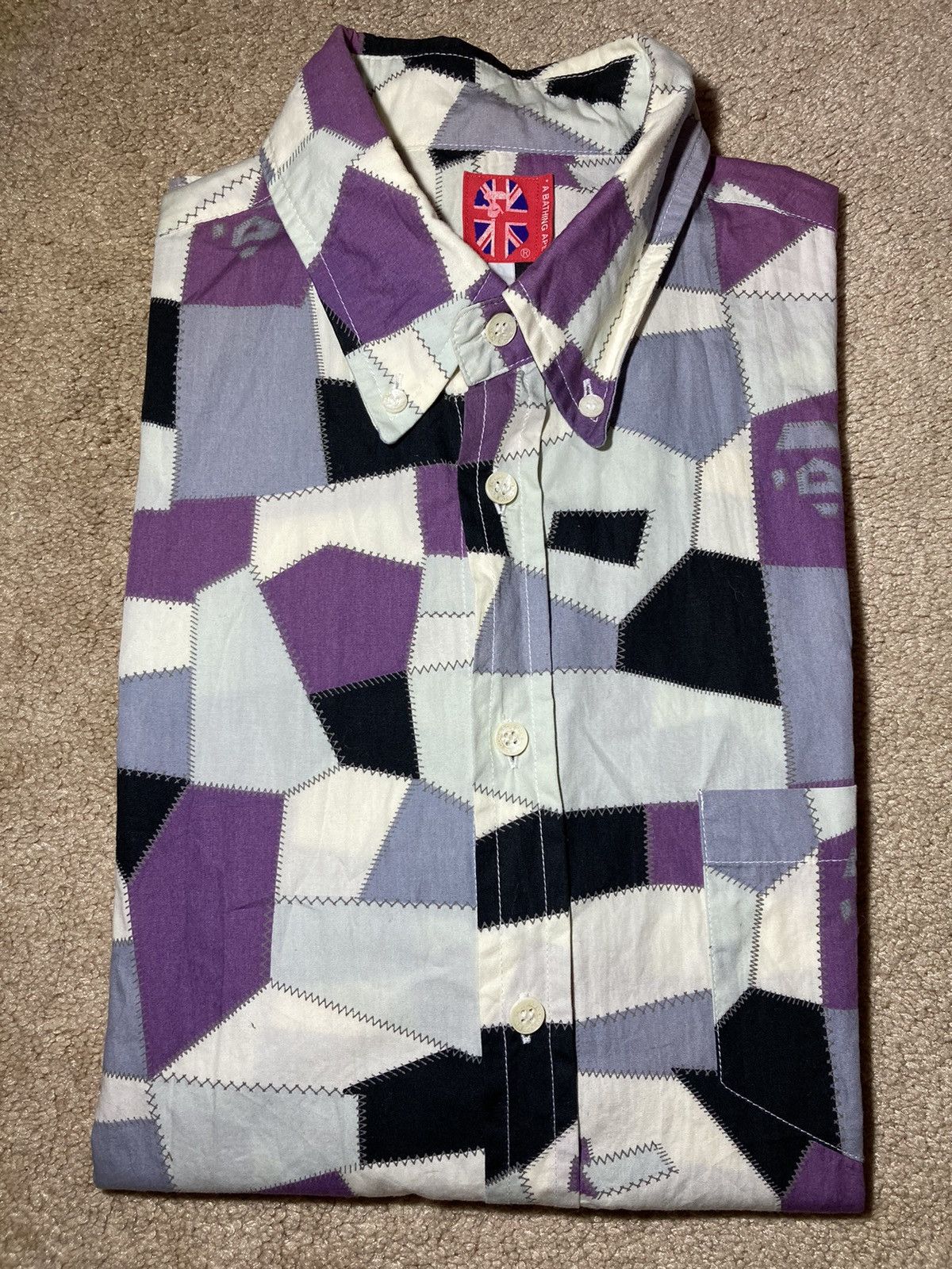image of Ss01 Bape Patchwork Face Logo Camo Button Down Shirt OG 90S, Men's (Size Large)