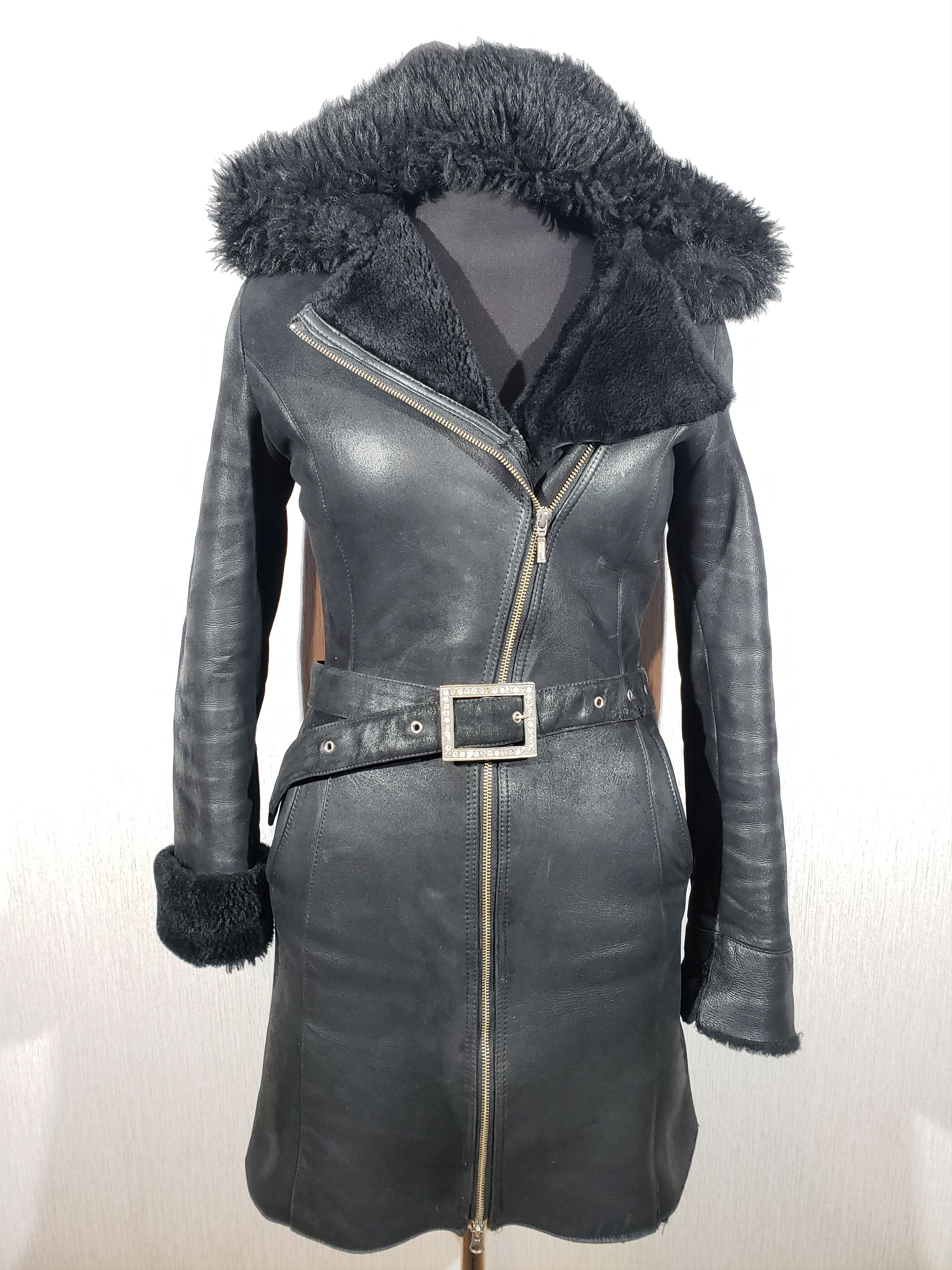 Other Stylish black sheepskin coat with metal zipper and hood. Size S / US 4 / IT 40 - 1 Thumbnail