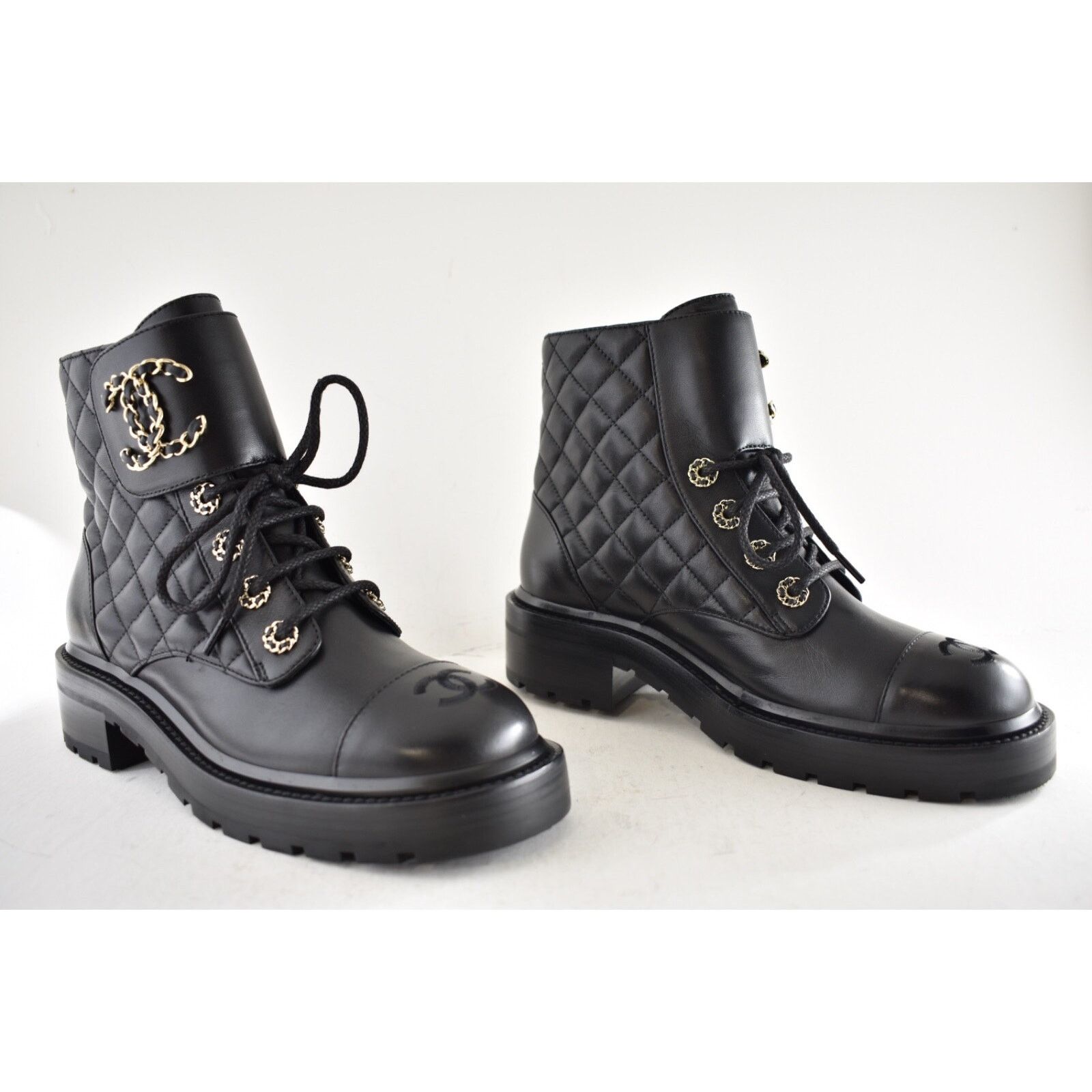 Chanel 21A Quilted Chain Combat Lace Up Tie Ankle Short Boots 37.5 Size US 7.5 / IT 37.5 - 3 Thumbnail