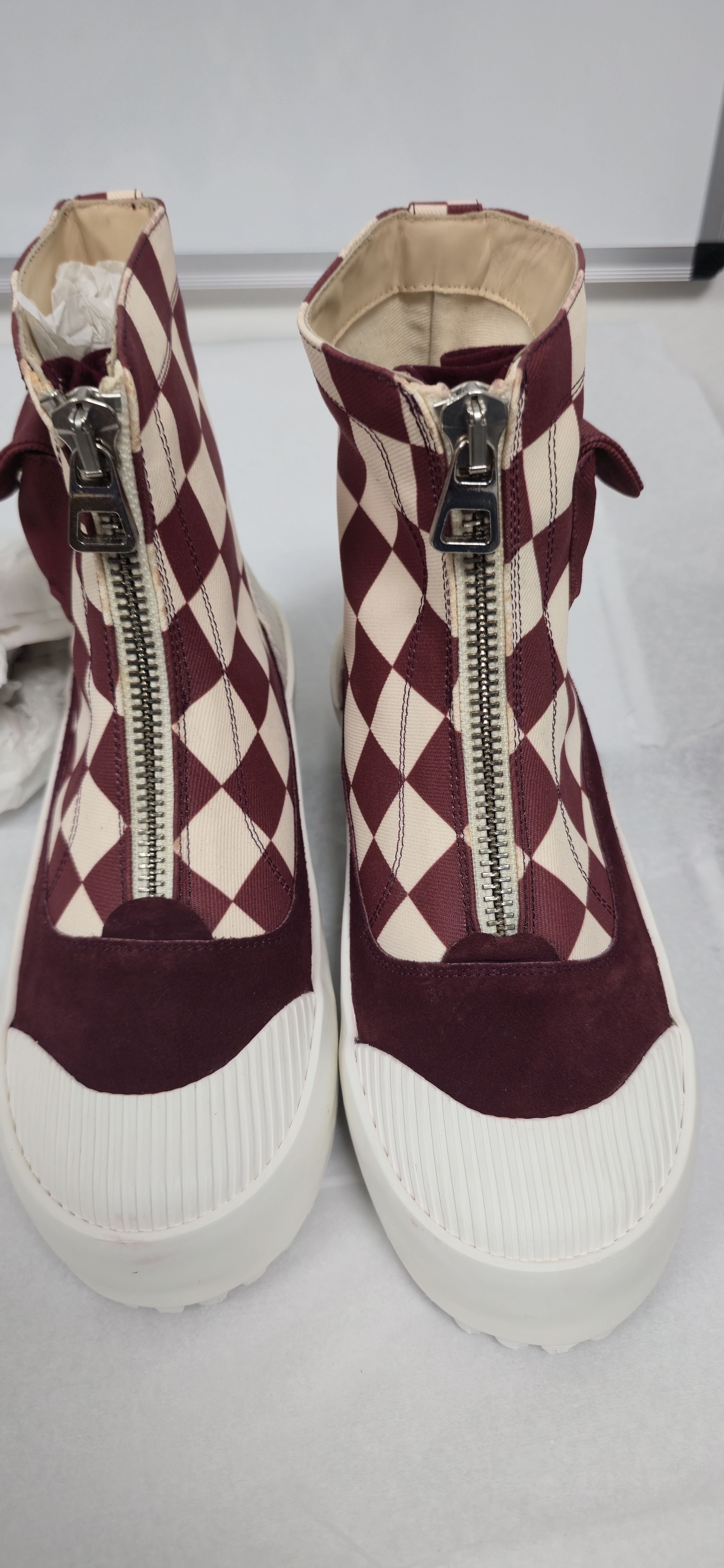 Burgundy Checkerboard Zip Cargo Pocket Boots RRP $400