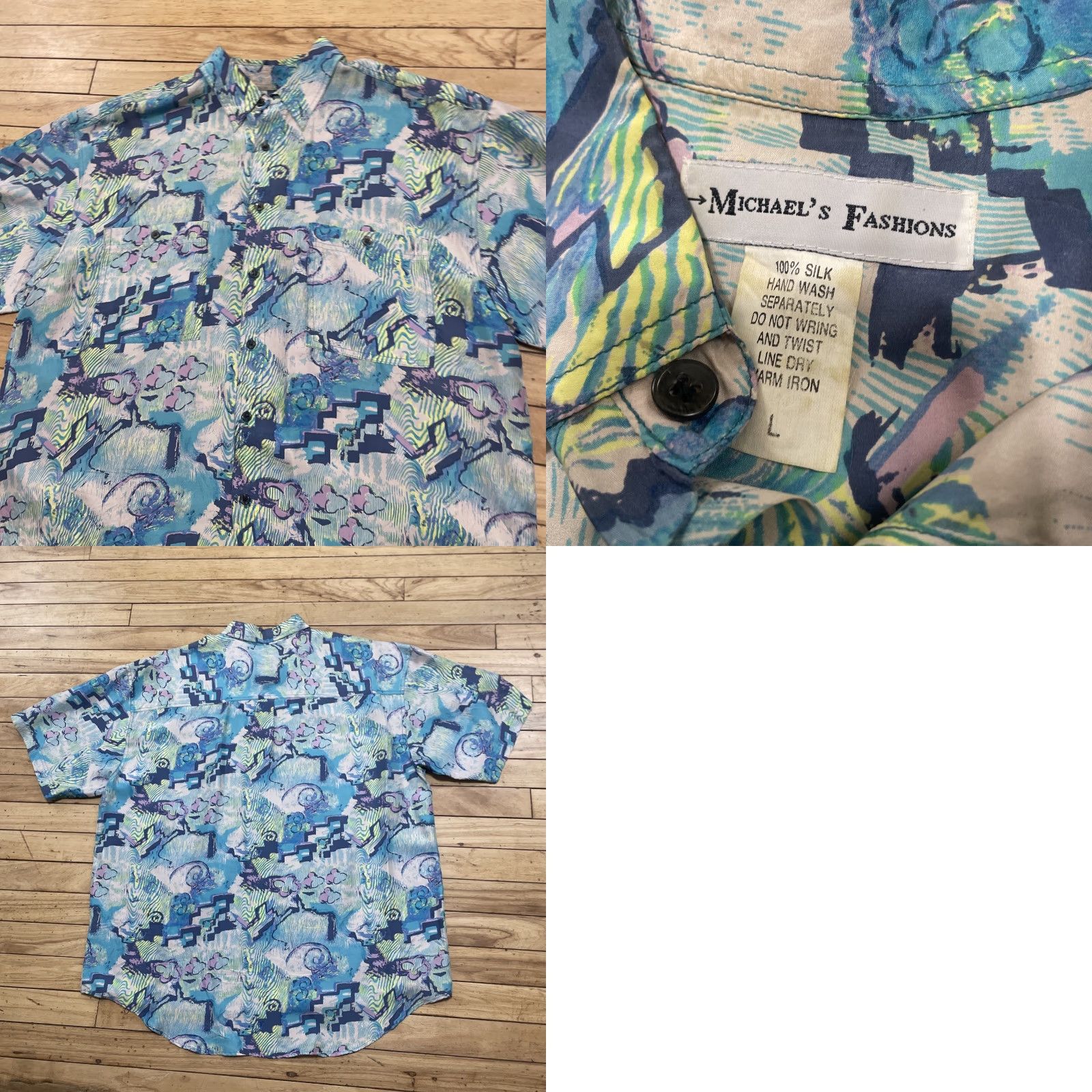 Vintage VINTAGE Michael's Fashions Hawaiian Silk Shirt Men L Turquoise Blue Green Geometric ShirtMens L, Turquoise Blue Green, Silk, Button-Up, Short Sleeve Size US L / EU 52-54 / 3 - 10 Thumbnail