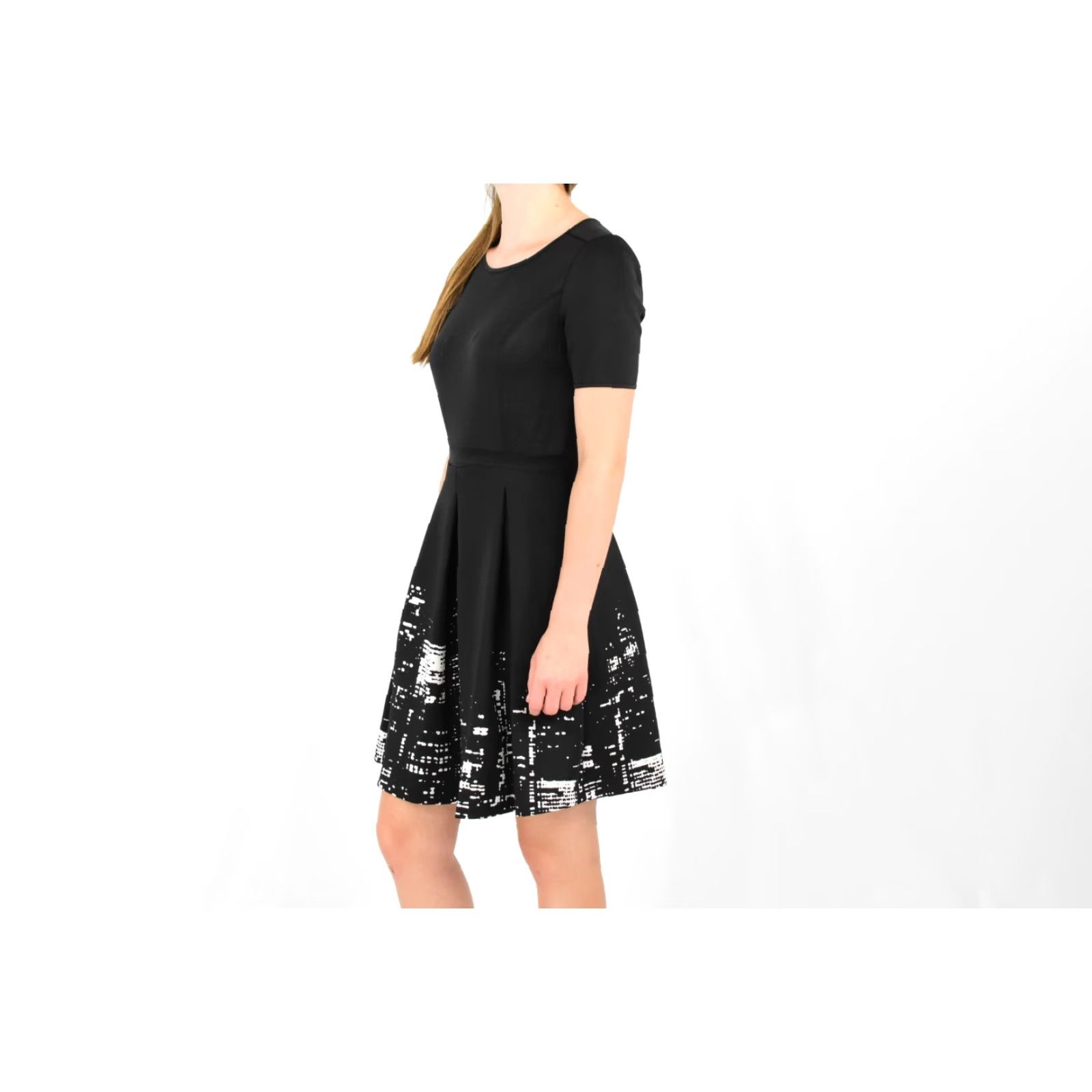 Elie Tahari Fit & Flare Dress Abstract Print Pleated Dress Black 4 Women  Sleeves Short Scoop