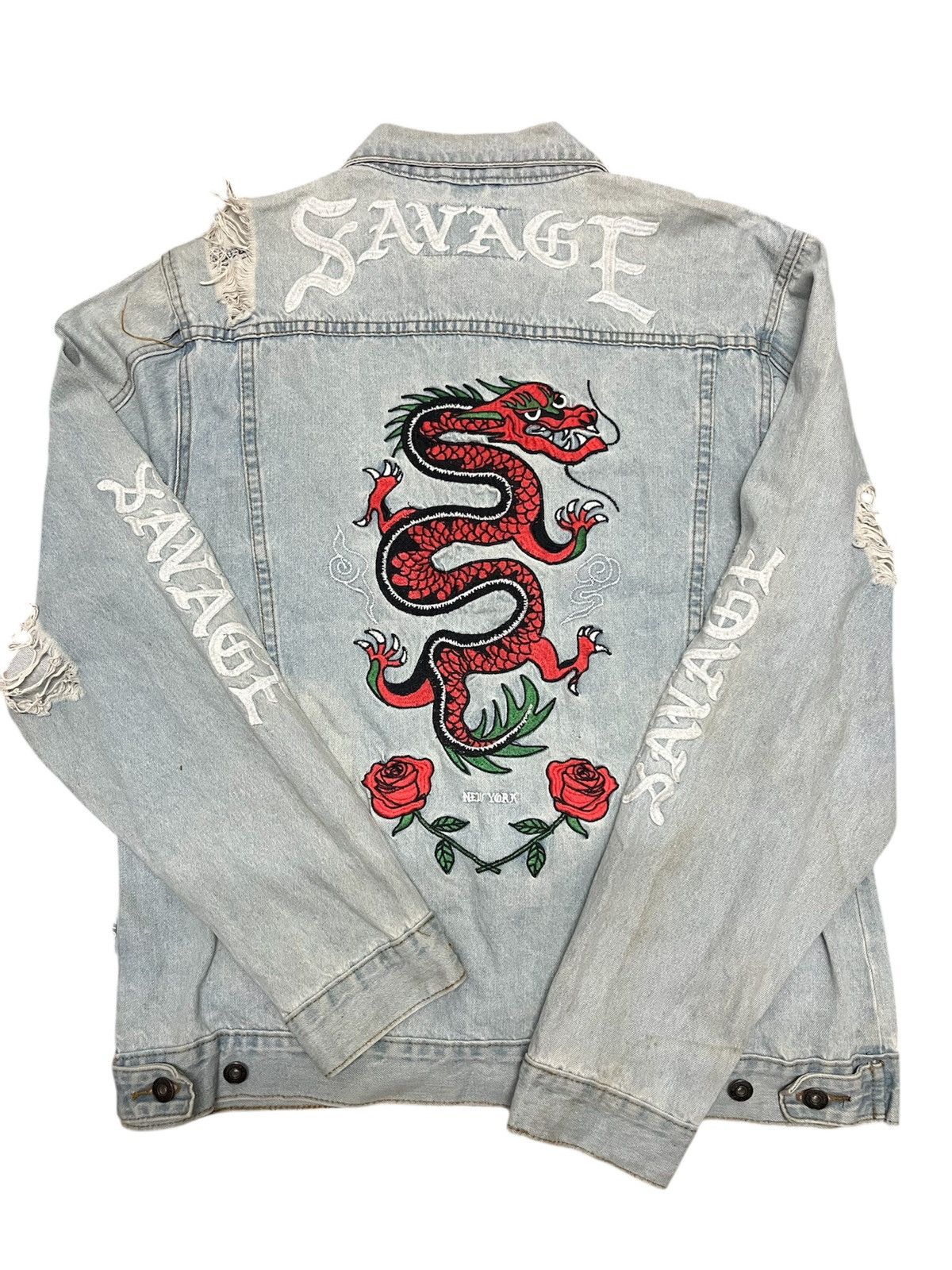 Brooklyn Clothing 💥BRKLYN CLOTH Dragon And Roses Embroidery Distressed Trucker Size US XL / EU 56 / 4 - 3 Thumbnail