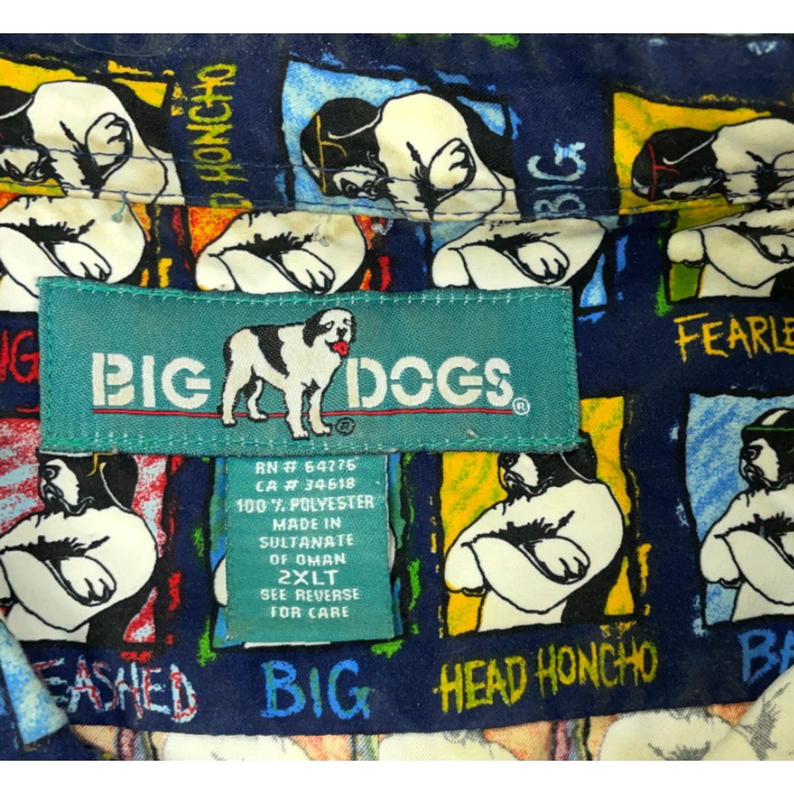 VINTAGE Big Dogs Big Shot Artwork Button-Up Shirt Adult 2XL Tall Multicolor Geometric Short Sleeve Casual Mens