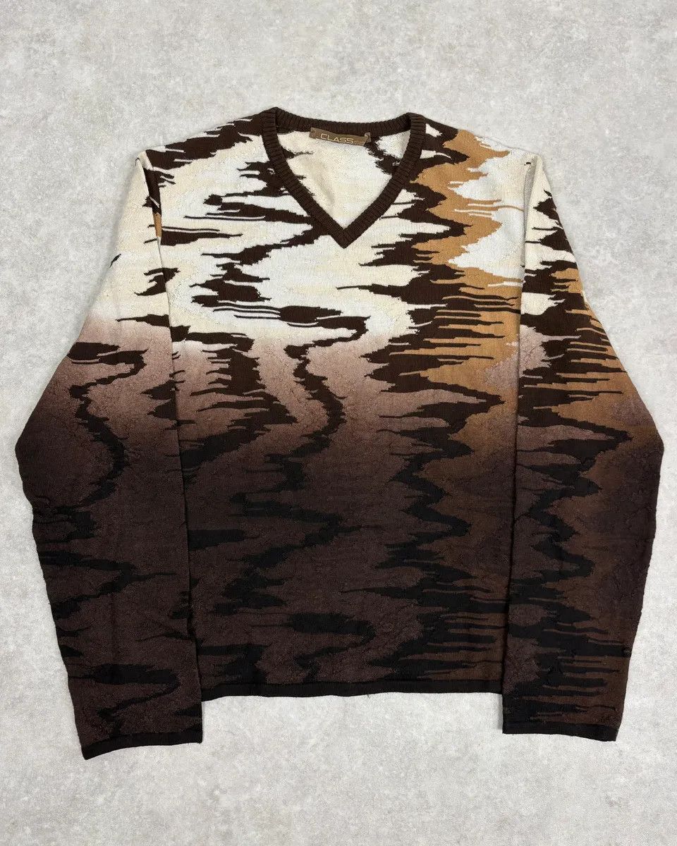 Roberto Cavalli 2000s Roberto Cavalli Brown Wool V Neck Gradient Wavy Sweater Size M / US 6-8 / IT 42-44 - 1 Thumbnail