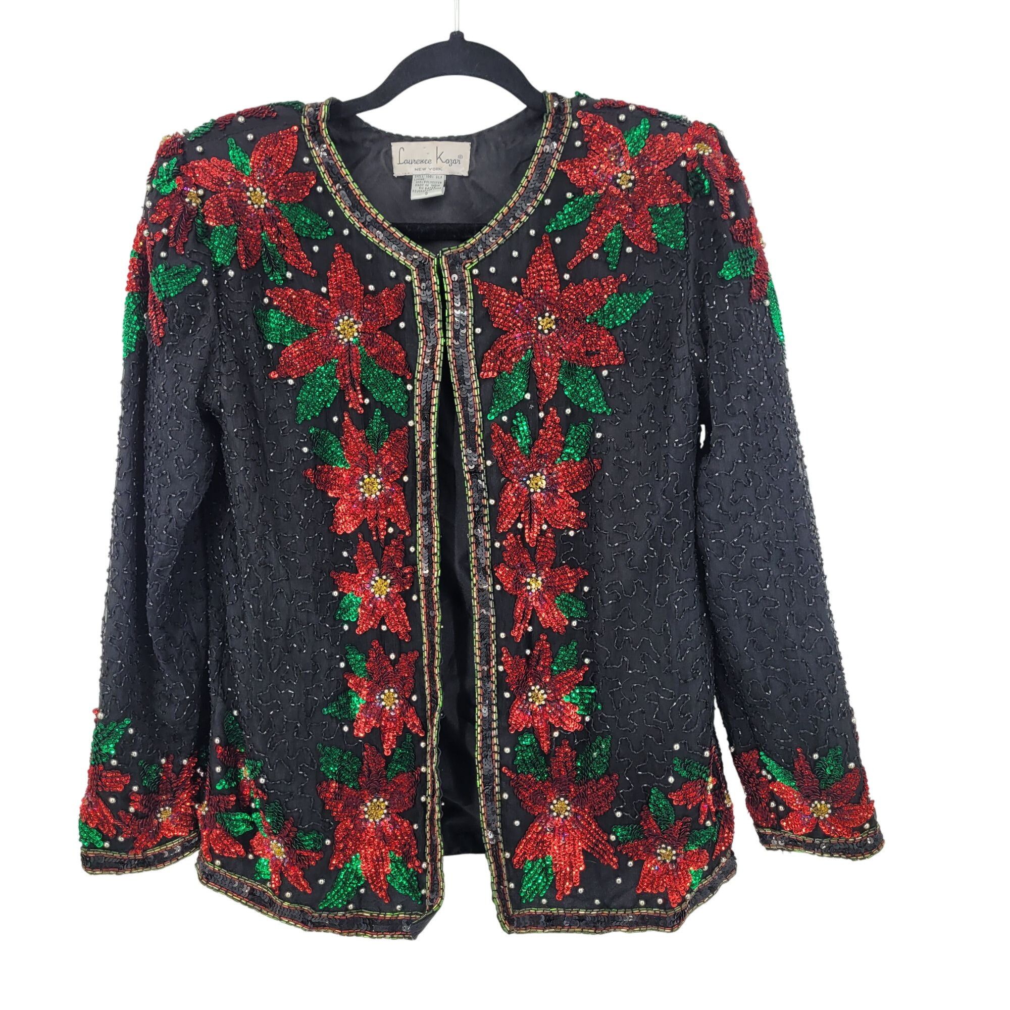Vintage Vtg 80s Black Silk Red Poinsettia Beaded Jacket Cardigan Sz Size S / US 4 / IT 40 - 1 Thumbnail