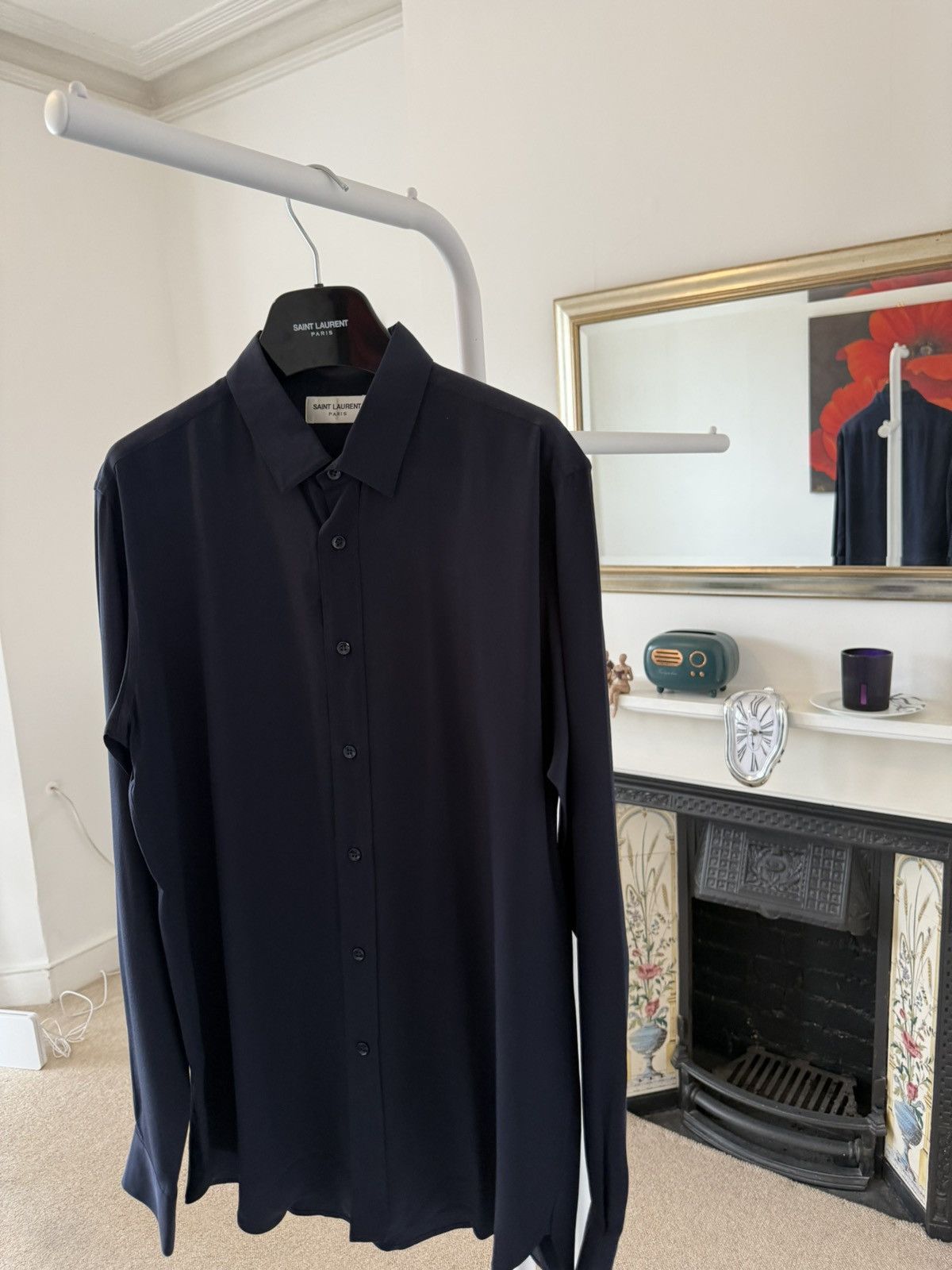 Hedi Slimane × Saint Laurent Paris FW14 Saint Laurent Silk Navy Plain Shirt Size US XL / EU 56 / 4 - 3 Thumbnail