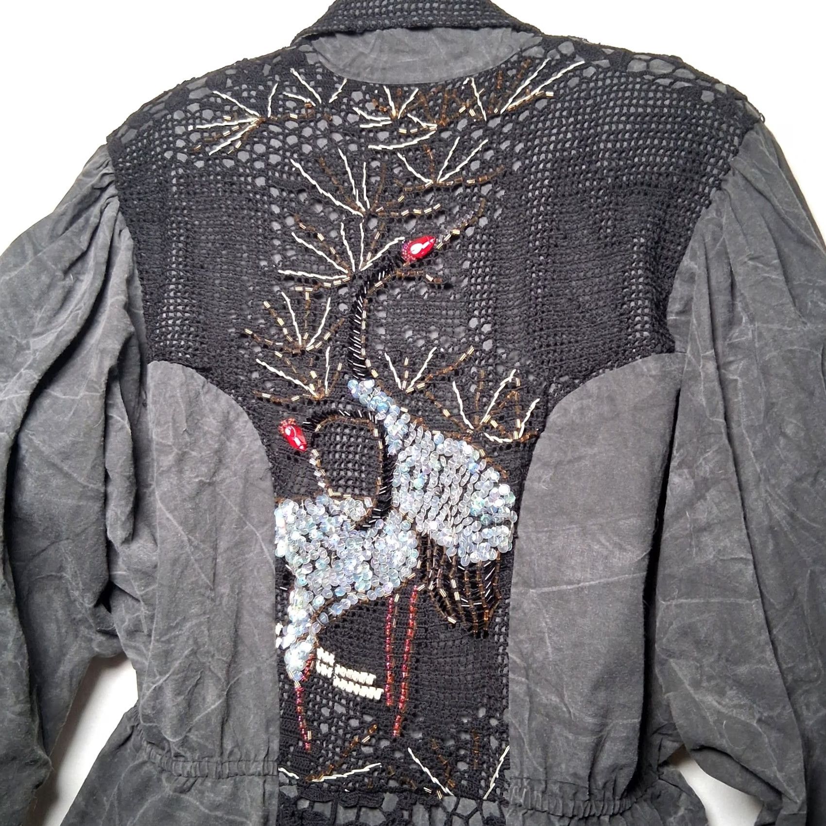 Vintage VINTAGE LIM'S Jacket Women's Crochet Beaded Crane Bird 90s Art To Wear Gray Black Short 32.5" Long Size L / US 10 / IT 46 - 6 Thumbnail