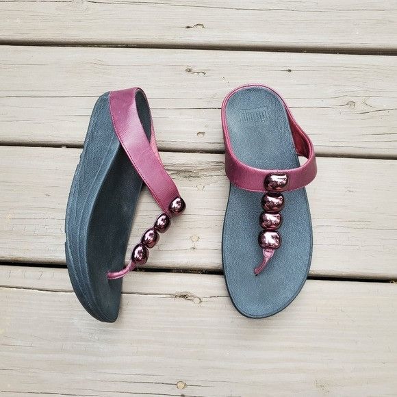 Other FitFlop Rola Hot Cherry Leather Toe-Post Wedge Comfy Sandals Size US 7 / IT 37 - 2 Thumbnail