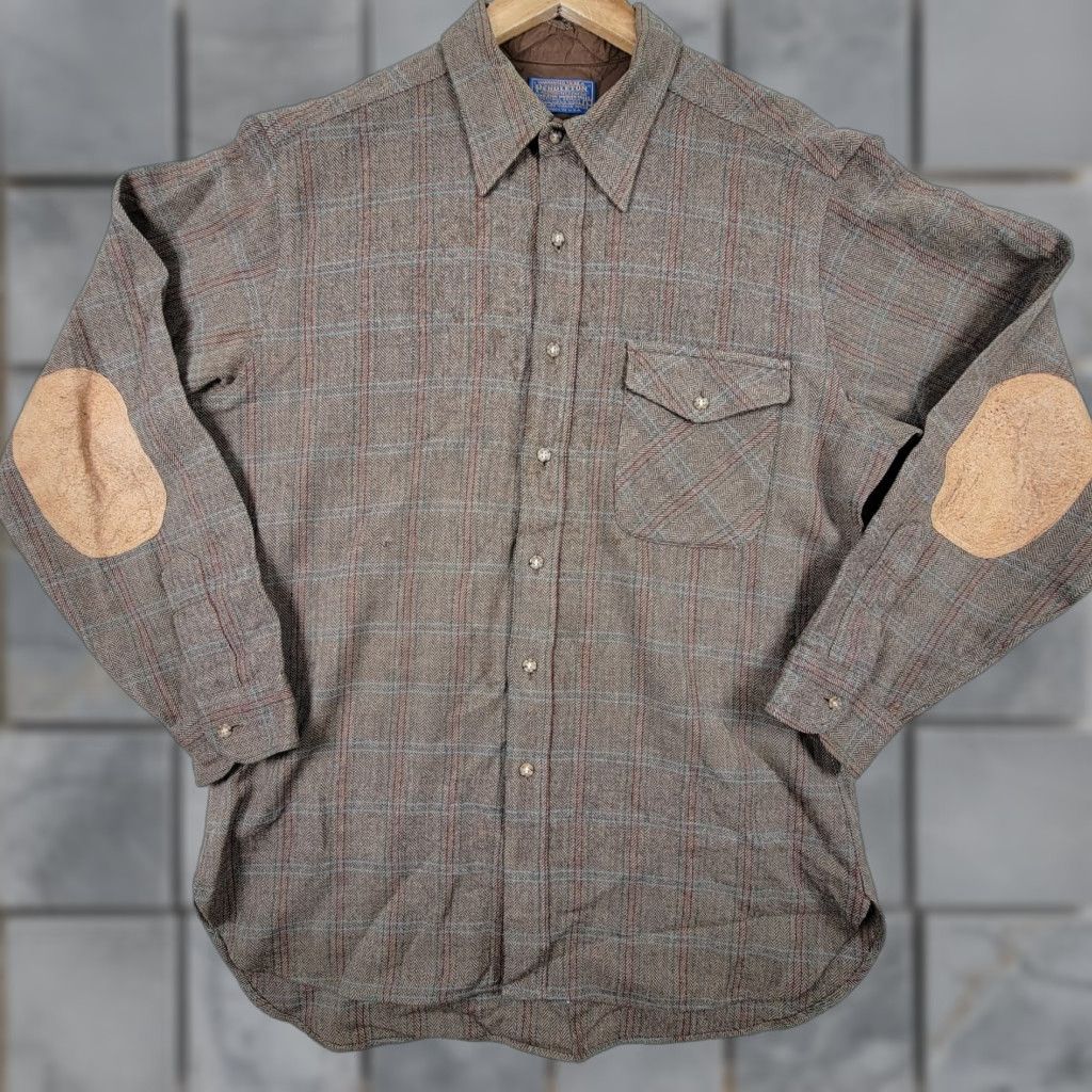 VTG Pendleton Mens Button-Up Shirt Wool Flannel Tan Plaid L Large Casual Workwear Mens Shirt