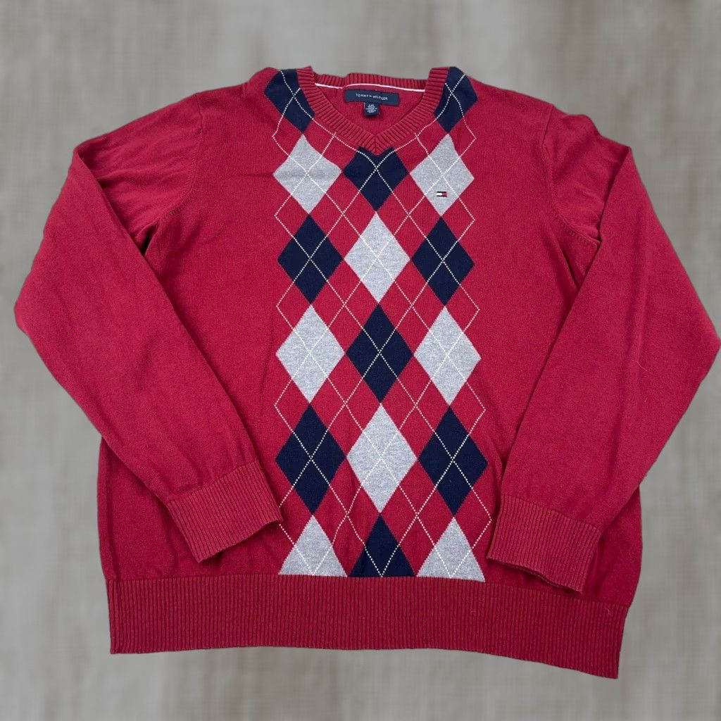Tommy Hilfiger Tommy Hilfiger Sweater Men Large Red Blue V-Neck Knit Pullover Diamond Golf Soft Knit Shirt Mens Size US L / EU 52-54 / 3 - 1 Thumbnail