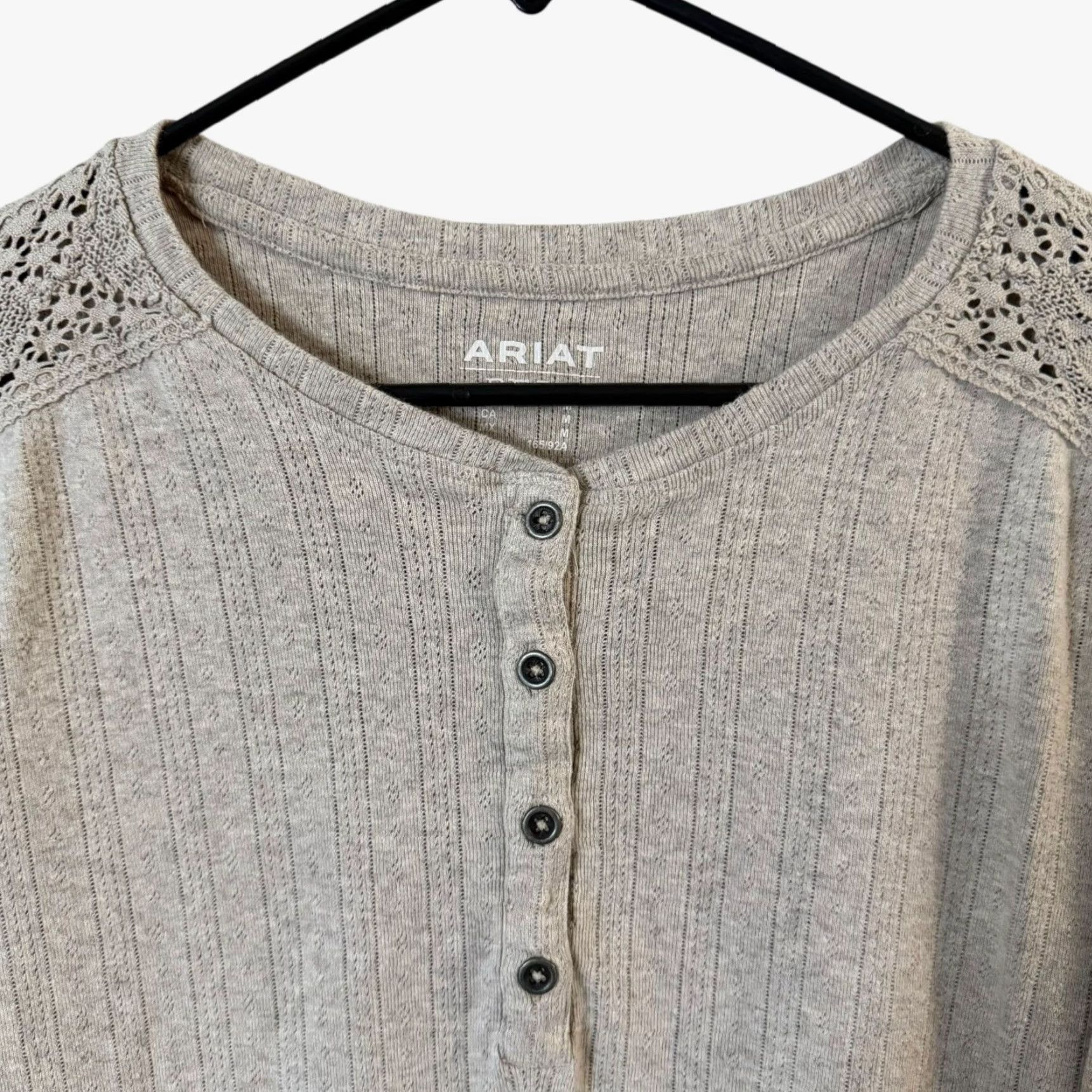 Ariat Ariat Crochet Lace Henley Shirt Top Beige Women's Medium Long Sleeve 100% Cotton Bohemian Classic Size M / US 6-8 / IT 42-44 - 5 Thumbnail