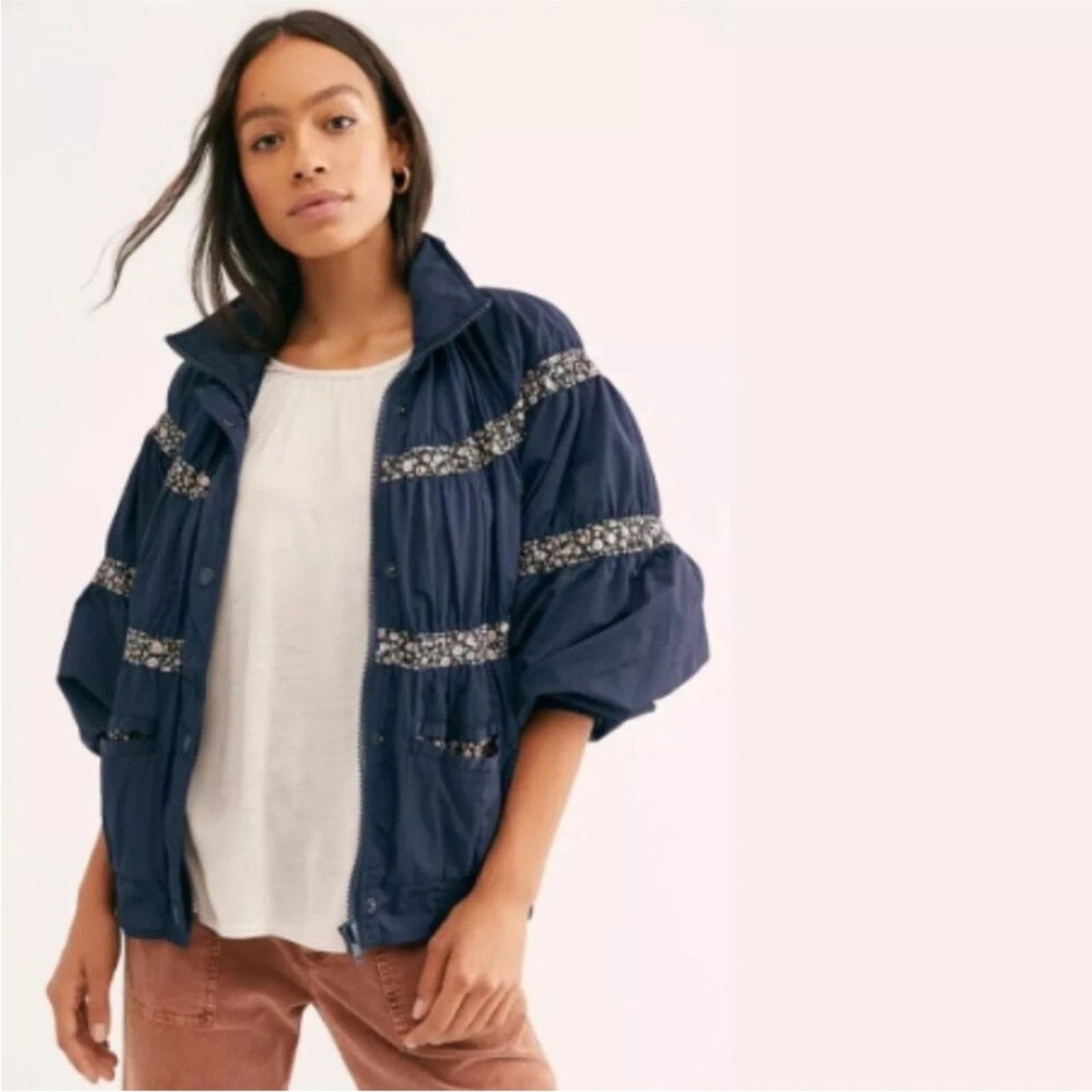 Free People FREE PEOPLE Navy White Floral Stripe $239 Puff Jacket Coat Size XL / US 12-14 / IT 48-50 - 2 Thumbnail