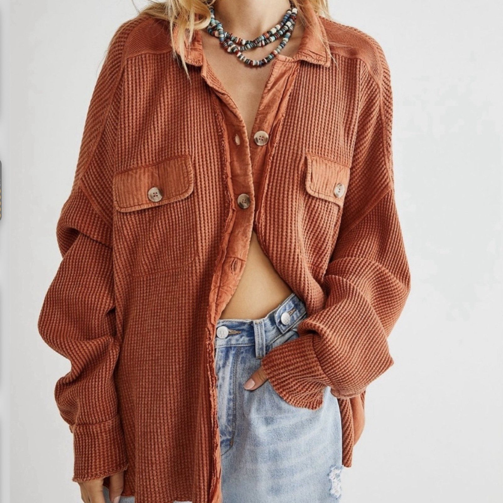 Free People Free People One Scout Waffle Knit Button‑Down Shirt Medium Size M / US 6-8 / IT 42-44 - 3 Thumbnail