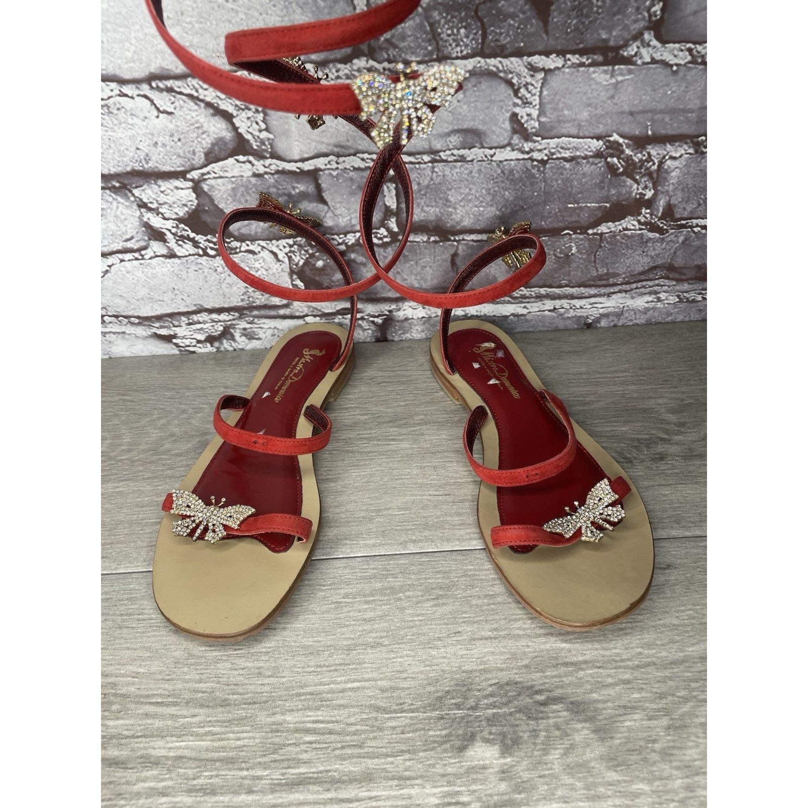Domenico Spano Mastro Domenico Red Leather Butterfly Rhinestone Wrap Around Size US 7.5 / IT 37.5 - 3 Thumbnail