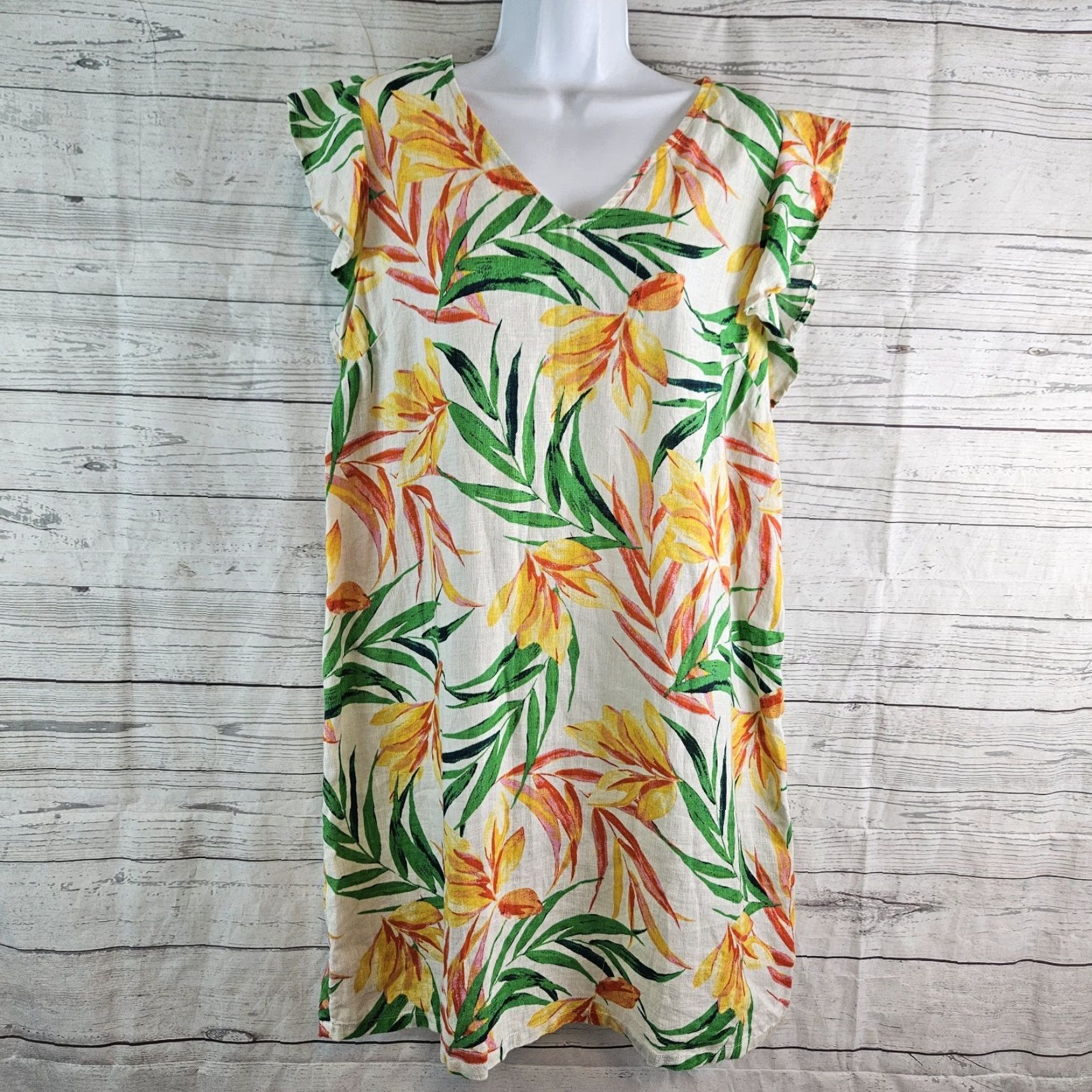 Nicole Miller Nicole Miller Womens Linen Dress Sz Medium Green Yellow Leaf Print V-Neck Dress Size M / US 6-8 / IT 42-44 - 2 Thumbnail