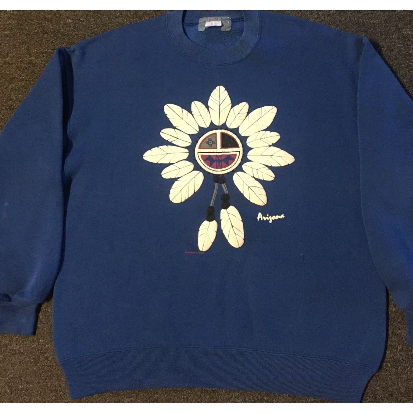 Russell Athletic VINTAGE Arizona Native Feather Mask Faded Distress Sweatshirt M Blue 90s Grunge Russell Athletic Men Sweatshirt Size US M / EU 48-50 / 2 - 2 Thumbnail
