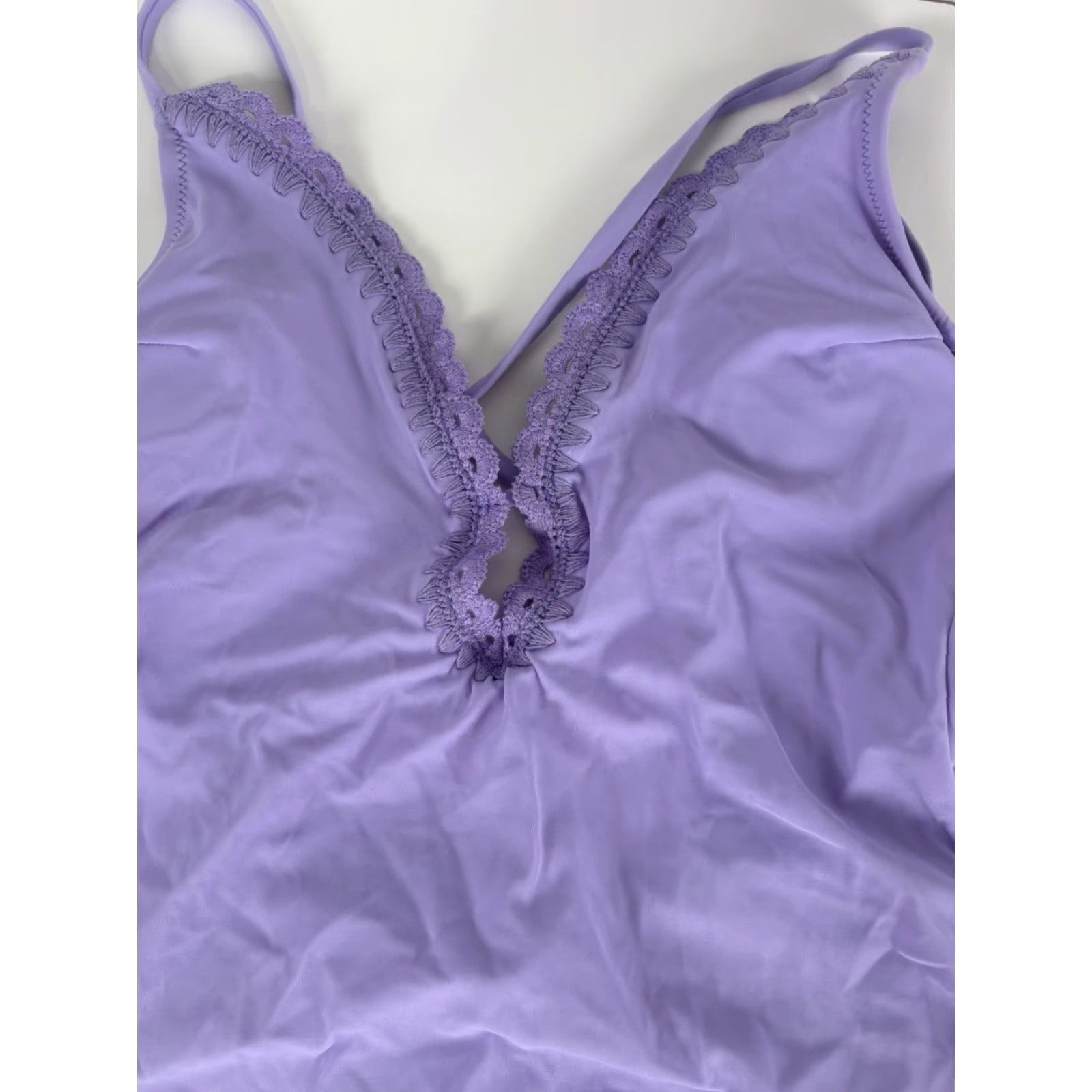 Vintage Shade & Shore One Piece Swimsuit Women's M Lilac Crochet Low Cut Tank Strap Spaghetti Adjustable Backless Removable Pads Nylon Polyester Spandex Size ONE SIZE - 2 Thumbnail