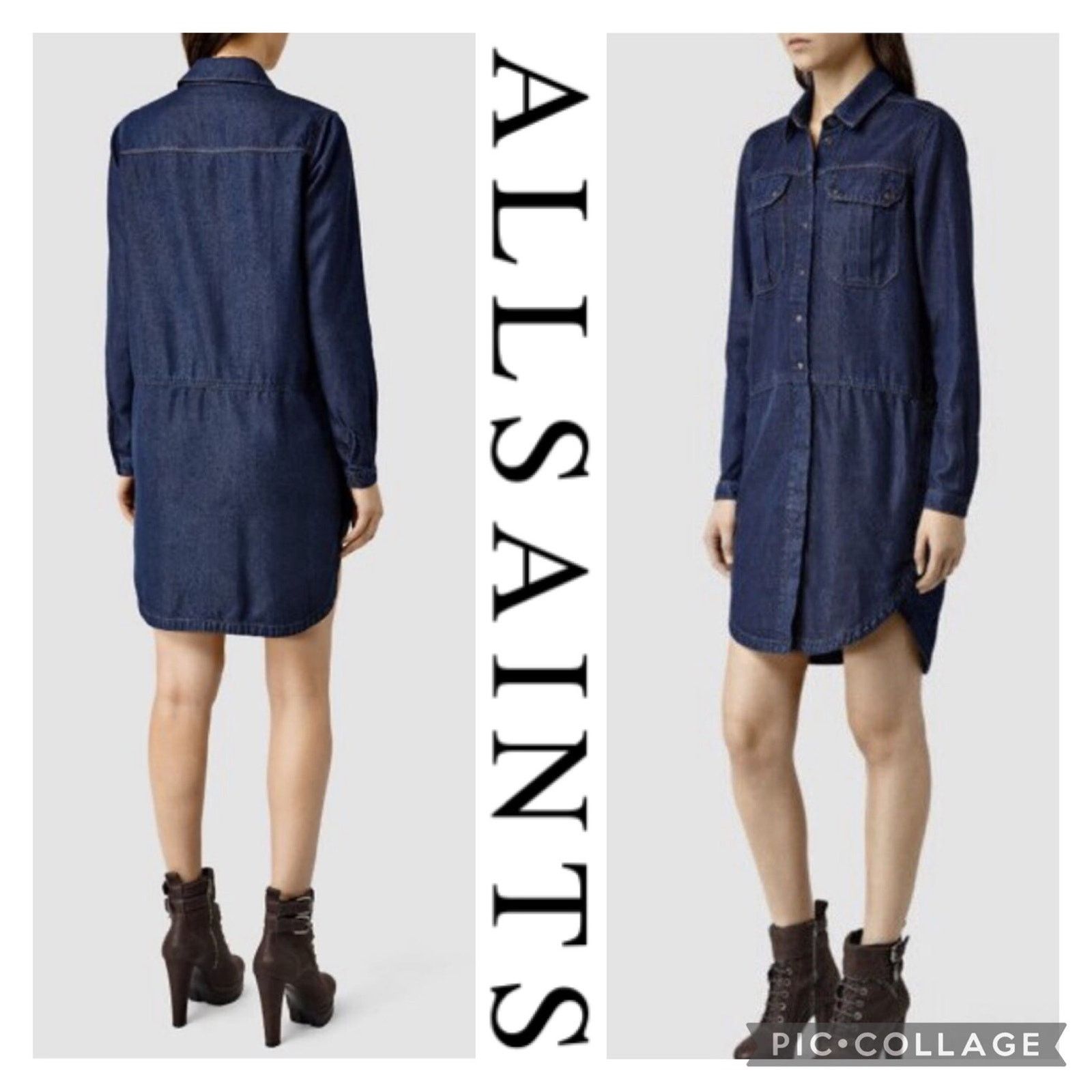 AllSaints Denise Louise Military Dark Blue Denim Shirt Dress