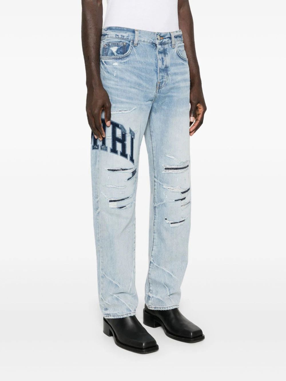 Amiri o1s1wg110725 Varsity Logo Repair Straight Jeans in Blue Size US 34 / EU 50 - 2 Thumbnail