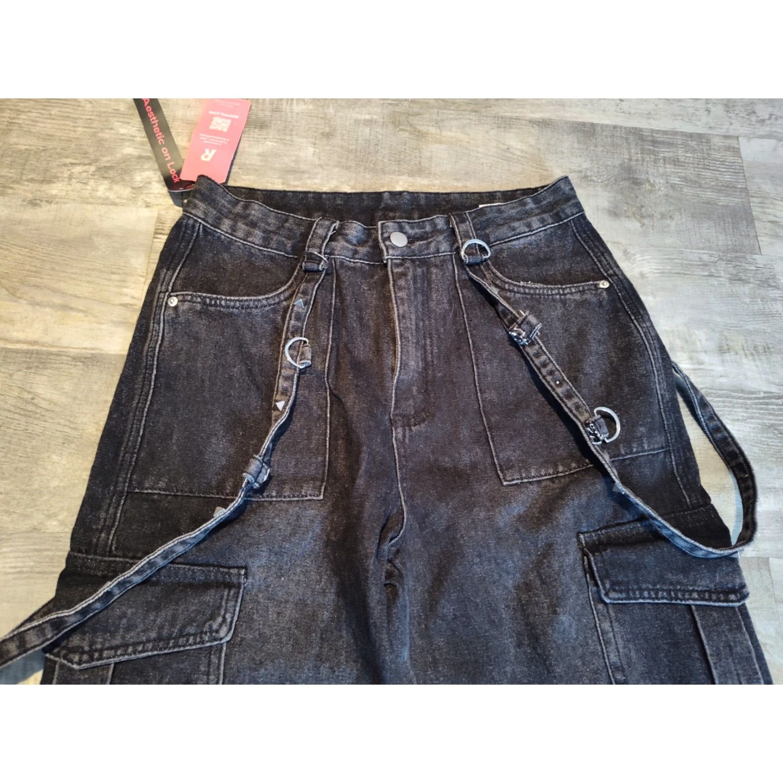 Vintage ROMWE Jeans Women's Medium 6 Black Denim Cargo Wide Leg Straps Punk Grunge NWT Vintage No Brand ROMWE Satin? Size 30" / US 8 / IT 44 - 4 Thumbnail