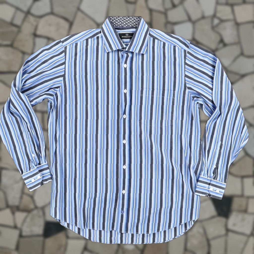 BUGATCHI Bugatchi Uomo Button Up Shirt Long Sleeve Striped Cotton Blue Men's L Flip Cuff Shirt Mens Size US L / EU 52-54 / 3 - 1 Thumbnail