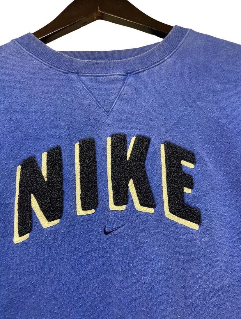 Nike × Vintage VTG Nike Spell Out Sweatshirt Blue Center Swoosh Felt Logo Size US XL / EU 56 / 4 - 2 Thumbnail