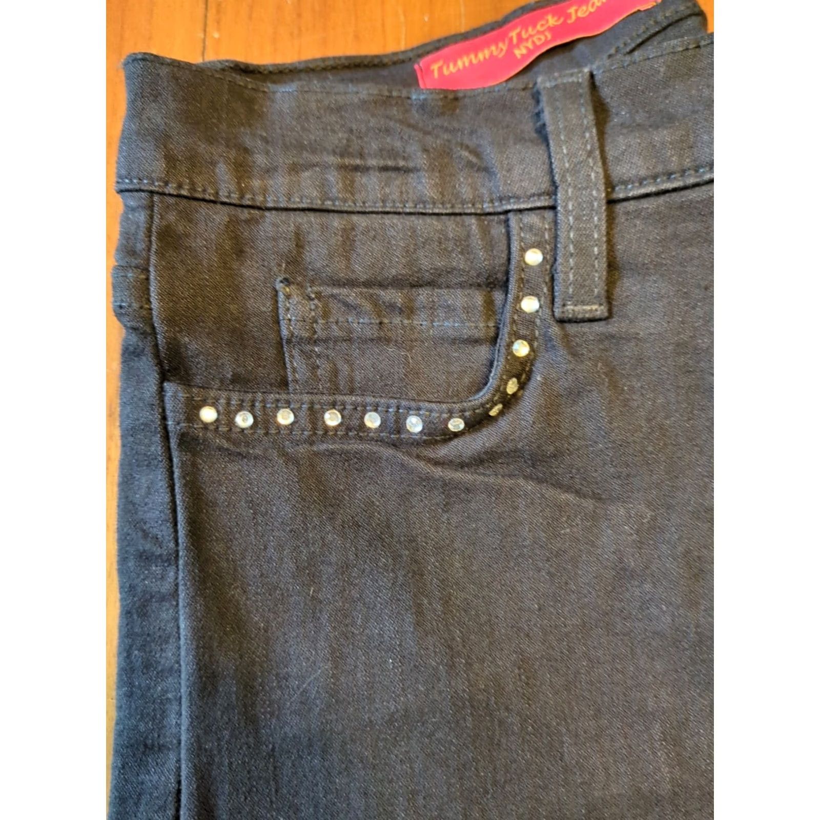 NYDJ VINTAGE NYDJ Tummy Tuck Jeans Denim Black Rhinestone Women's 6 US Made USA Slim Stretch Jeans Women Size 28" / US 6 / IT 42 - 2 Thumbnail