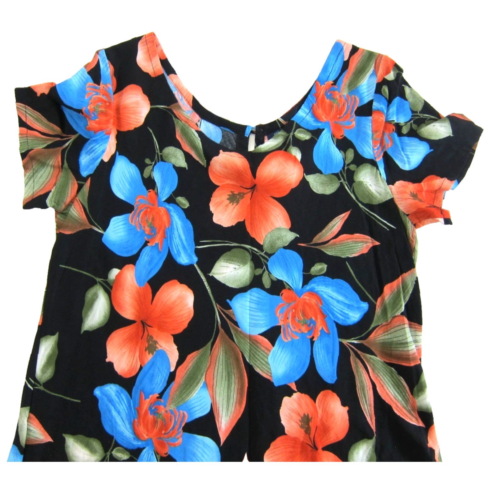 Vintage Hibiscus Collection Hawaii Rayon Black Orange Blue Short Sleeve Shift Dress M Size 32" / US 10 / IT 46 - 4 Thumbnail