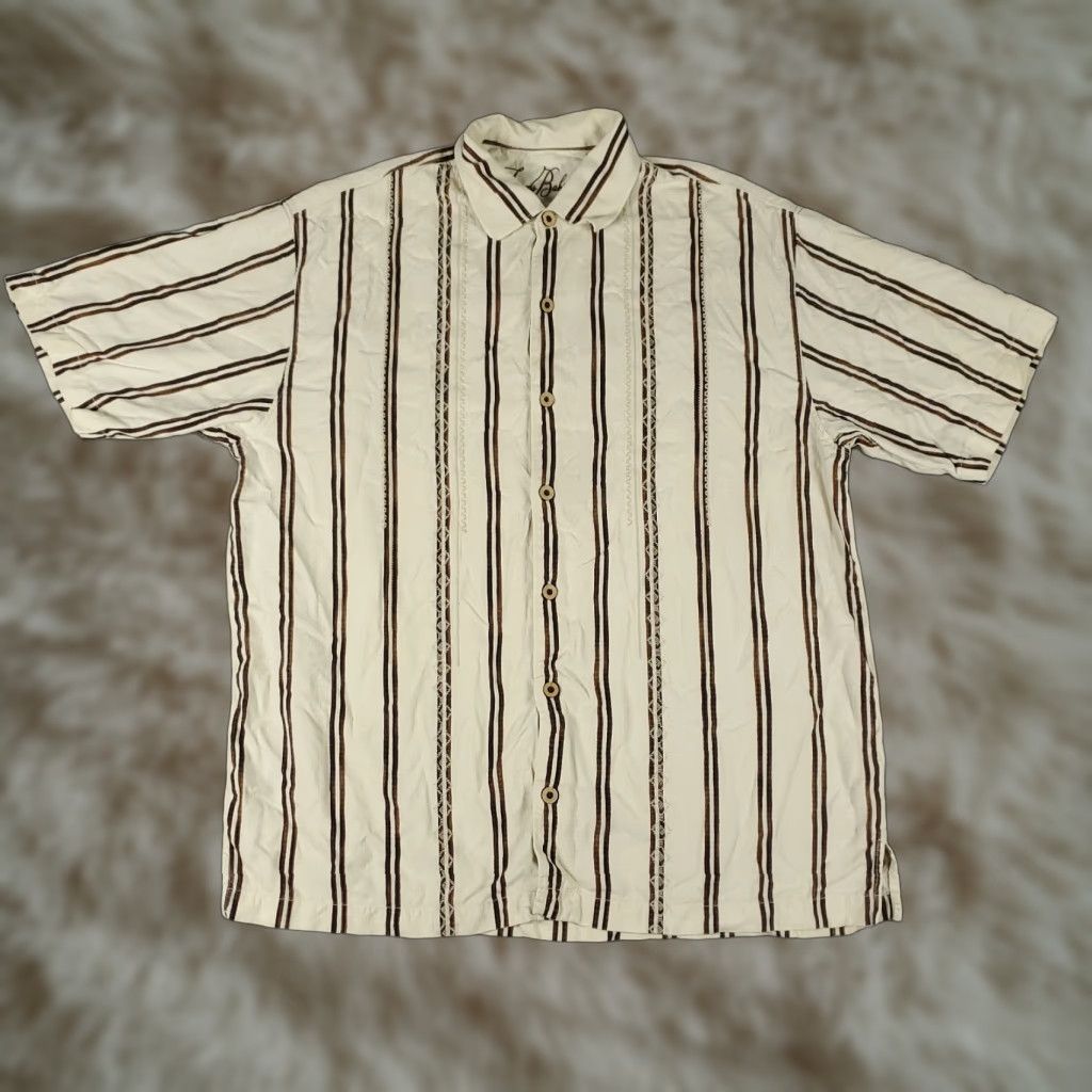 Tommy Bahama Tommy Bahama Shirt Mens Large Beige Striped Silk Hawaiian Button Up Shirt Size US L / EU 52-54 / 3 - 1 Thumbnail