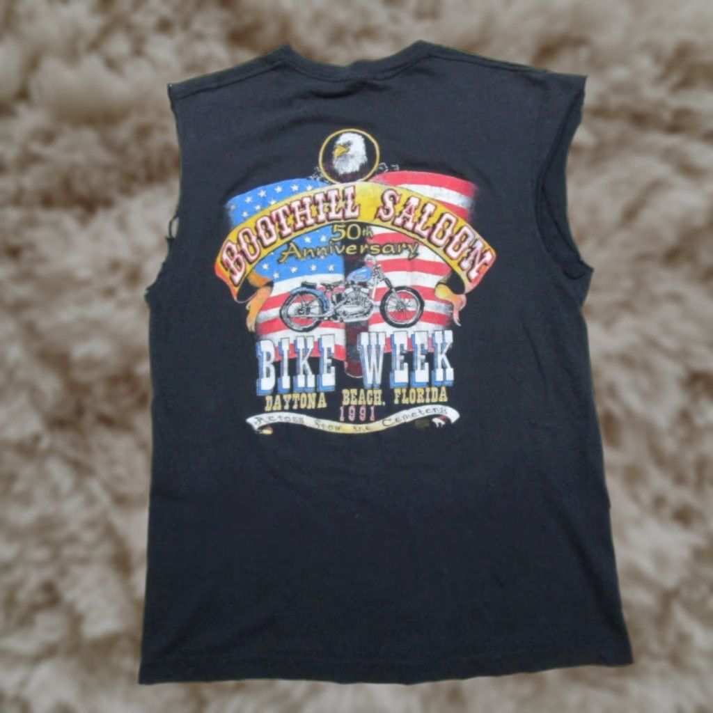 VINTAGE Boothill Saloon Daytona Beach 90s Graphic Pocket T Shirt (L) Motorcycle Shirt Men Black Cotton