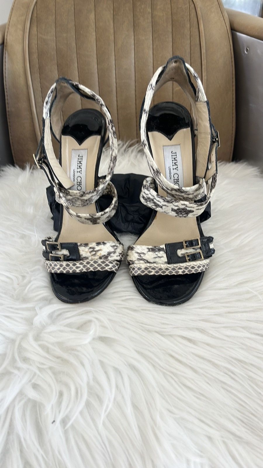 Jimmy Choo Jimmy Choo, black white snakeskin strappy heels Size US 6.5 / IT 36.5 - 6 Thumbnail
