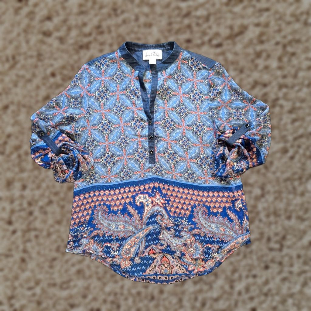 Joseph Ribkoff Joseph Ribkoff Top Womens Size 8 Blue Sheer 3/4 Sleeve Boho Denim Trim Casual Shirt Size M / US 6-8 / IT 42-44 - 1 Thumbnail