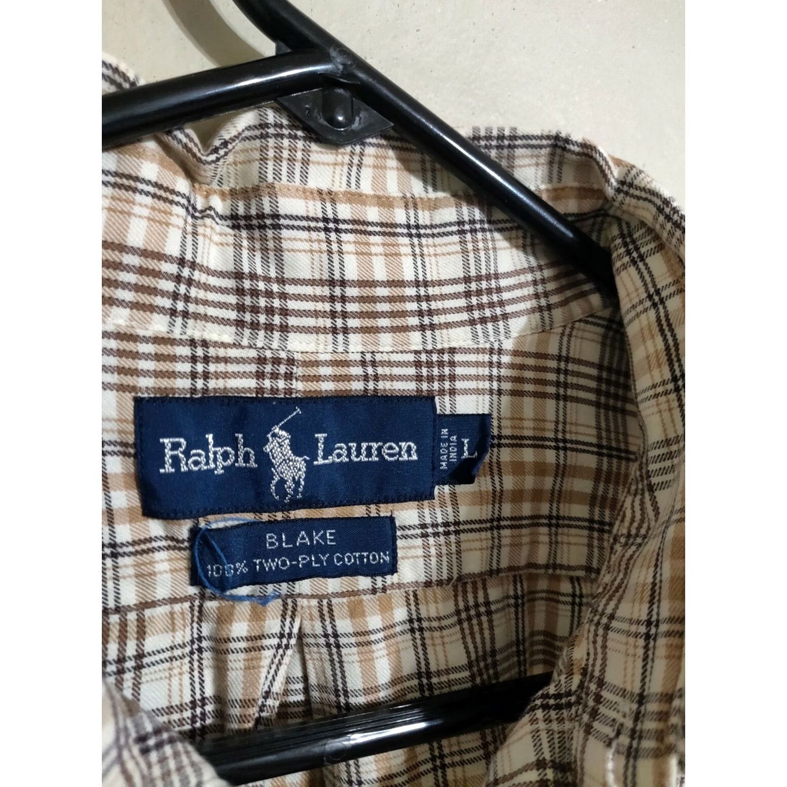 Polo Ralph Lauren VINTAGE Polo Ralph Lauren Blake Two-Ply Tan Plaid L/S Button-Down Dress Shirt Mens L Shirt Brown Plaid Logo 100% Cotton Casual Button-Up Sleeve Long Size 42R - 3 Thumbnail