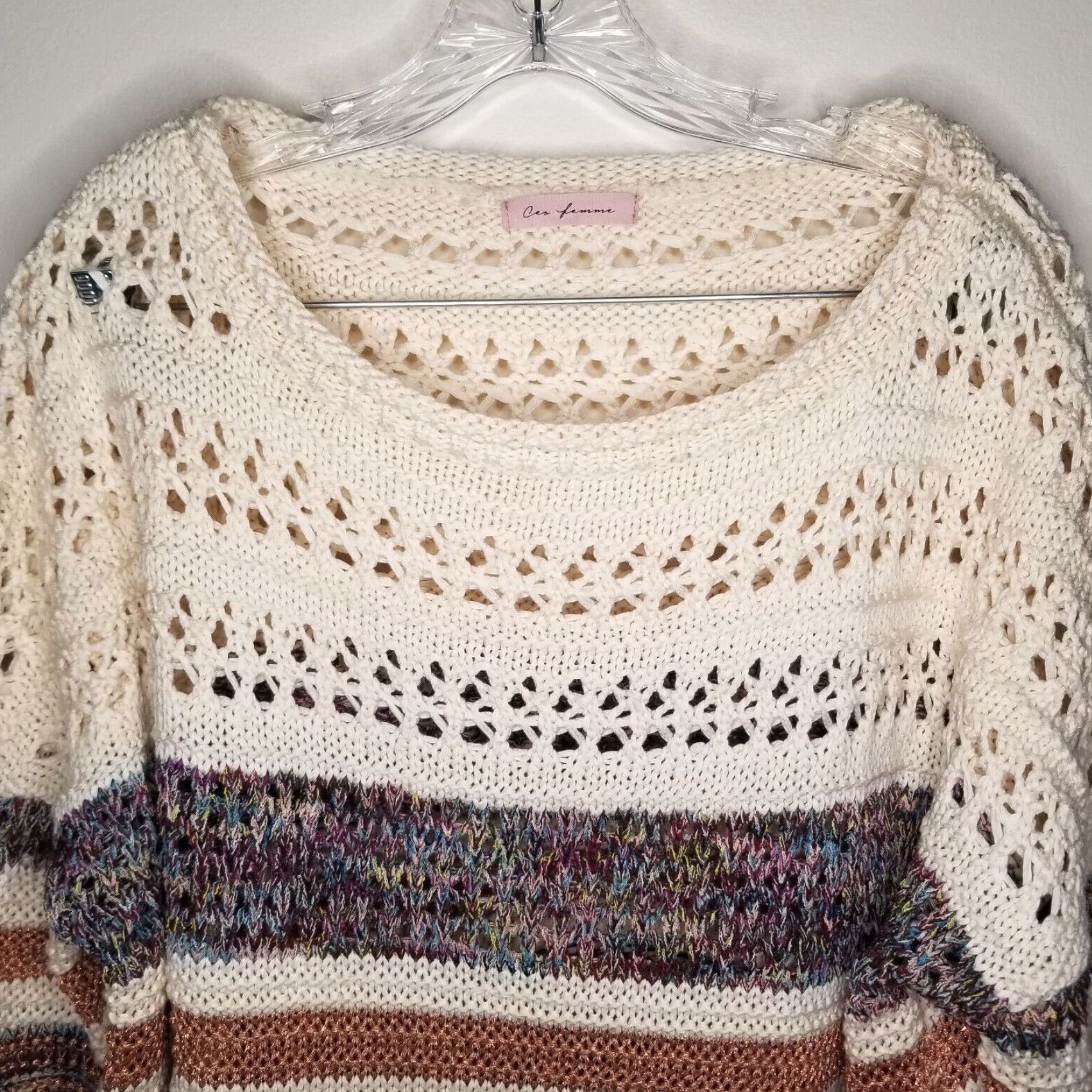 Vintage Femme Womens Striped Knitted Long Sleeve Pullover Sweater Beige Large Size L / US 10 / IT 46 - 2 Thumbnail