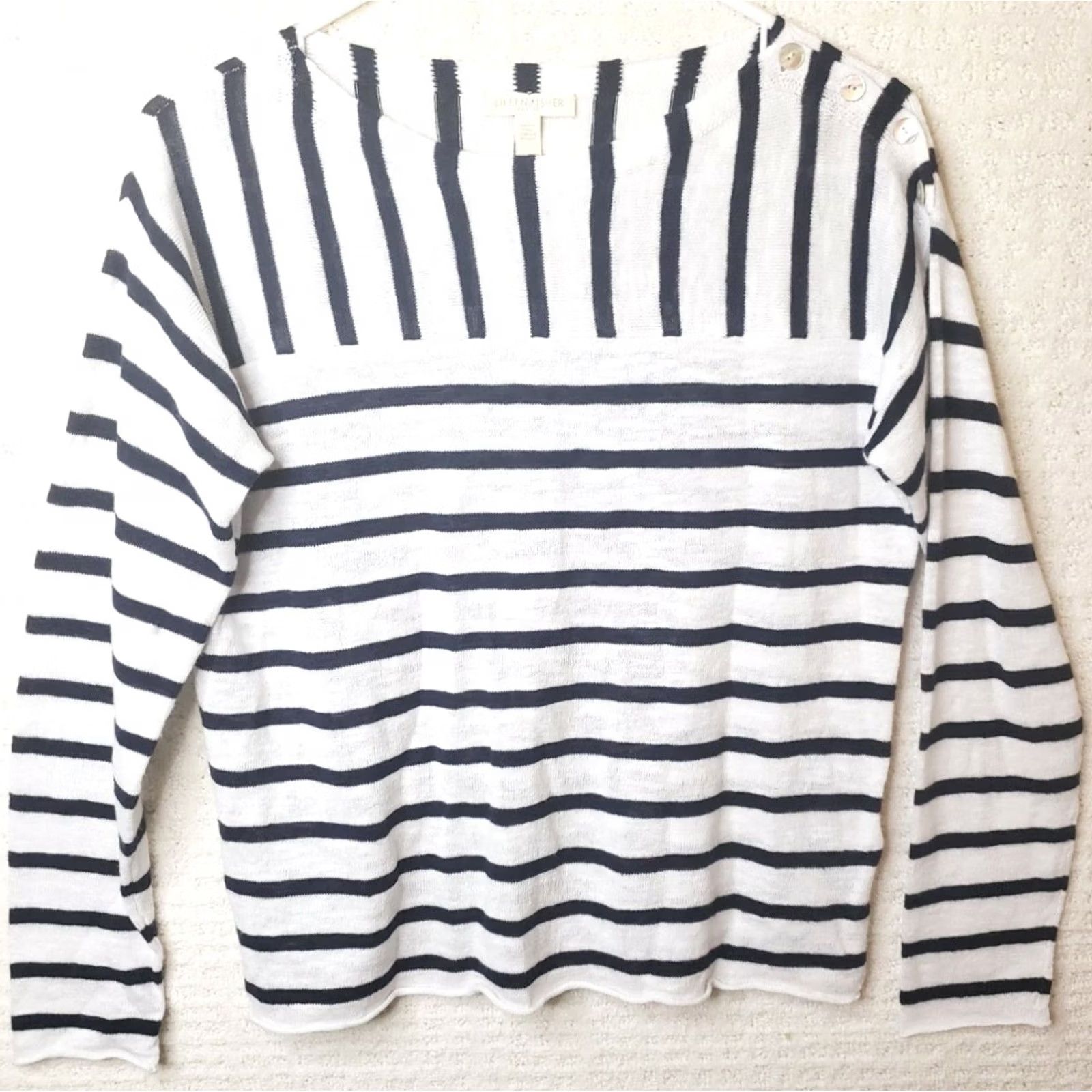 Eileen Fisher Eileen Fisher Petites Nautical Cotton Striped Pullover Sweater Button Shoulder PP Size XXS / US 00 / IT 34 - 2 Thumbnail