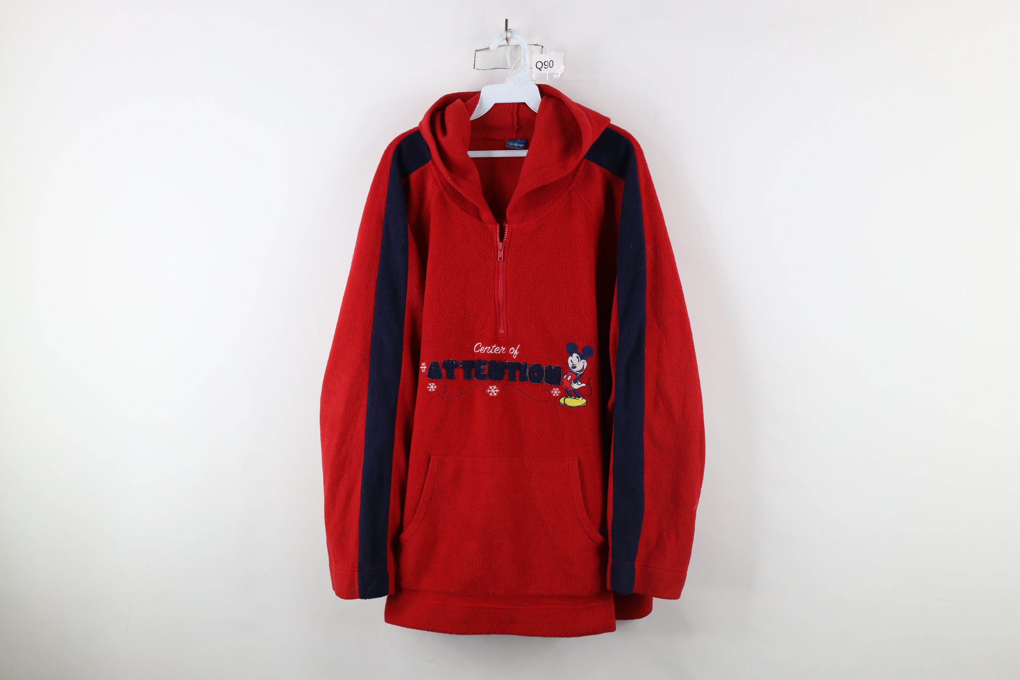 Disney × Vintage Vintage 90s Disney Attention Mickey Mouse Fleece Hoodie Red Size 4XL / US 24-26 - 1 Thumbnail