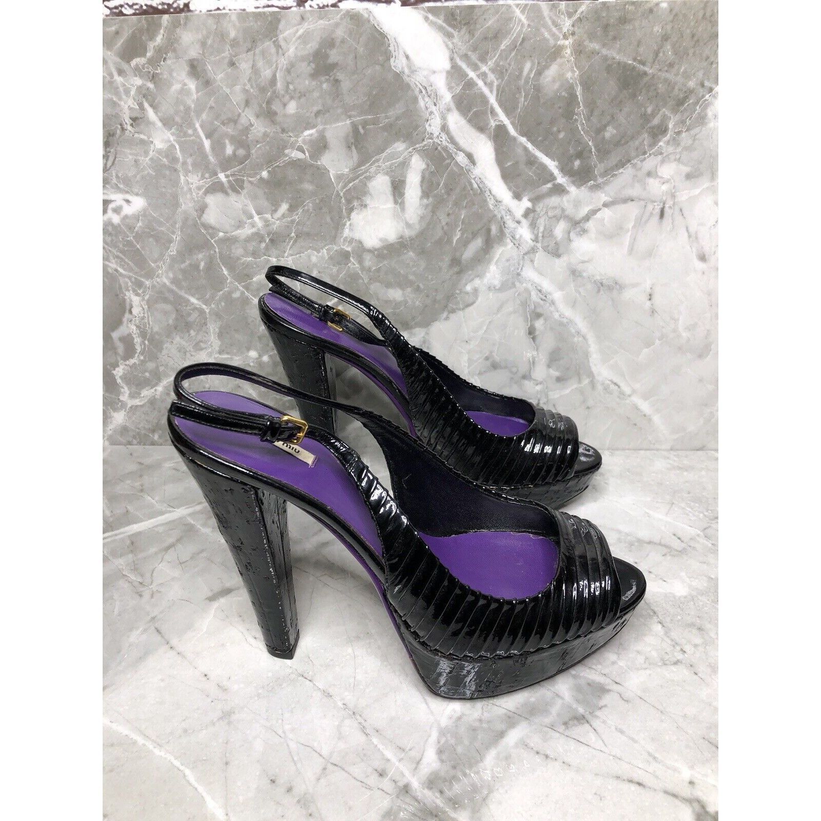Miu Miu MIU MIU Black Patent Leather Peep Ankle Strap Platform Stile Size US 8 / IT 38 - 13 Thumbnail